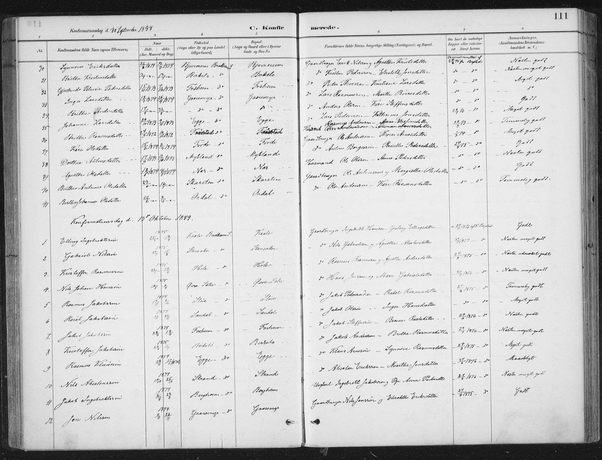 Gloppen sokneprestembete, AV/SAB-A-80101/H/Haa/Haac/L0002: Parish register (official) no. C  2, 1887-1904, p. 111