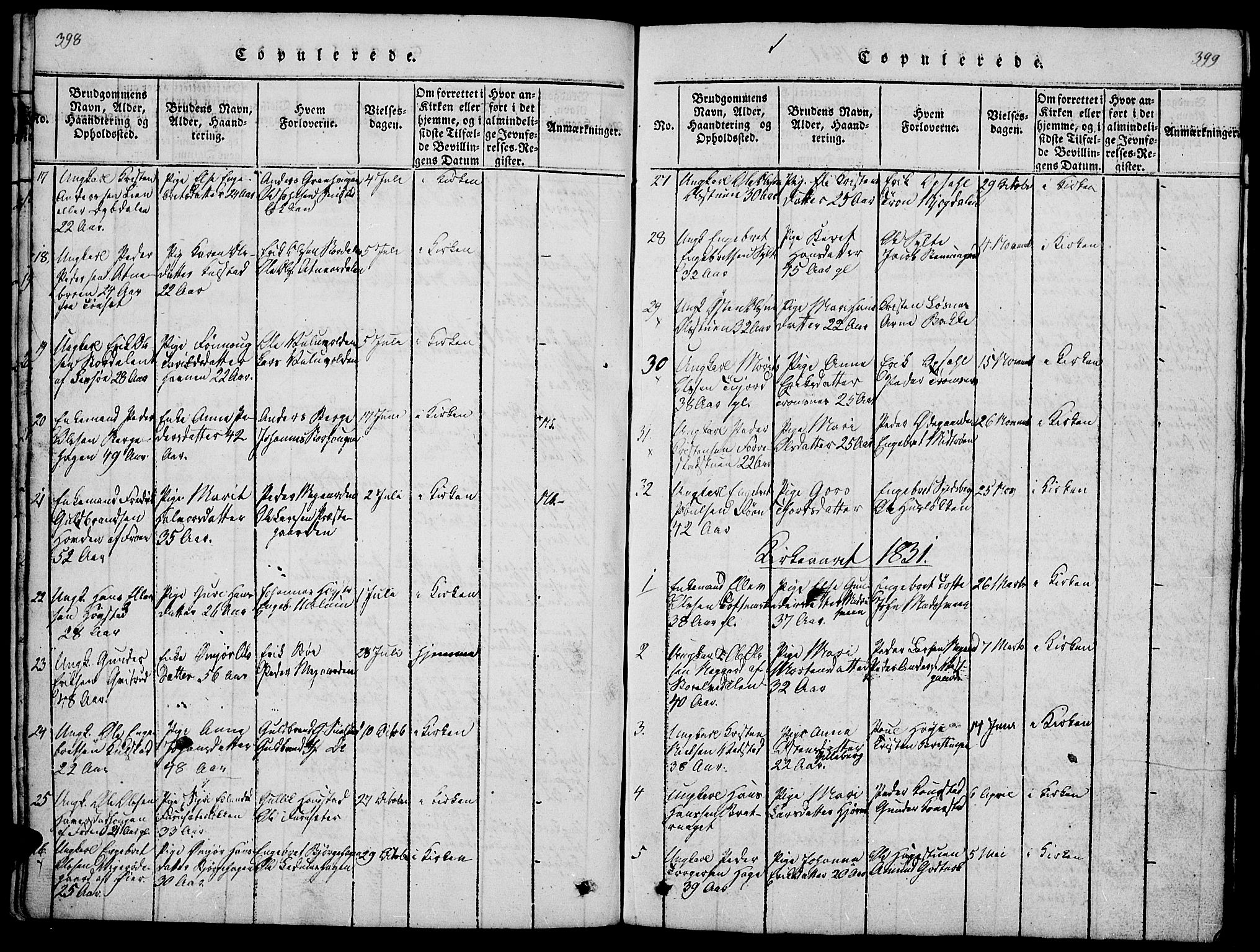 Ringebu prestekontor, AV/SAH-PREST-082/H/Ha/Hab/L0001: Parish register (copy) no. 1, 1821-1839, p. 398-399