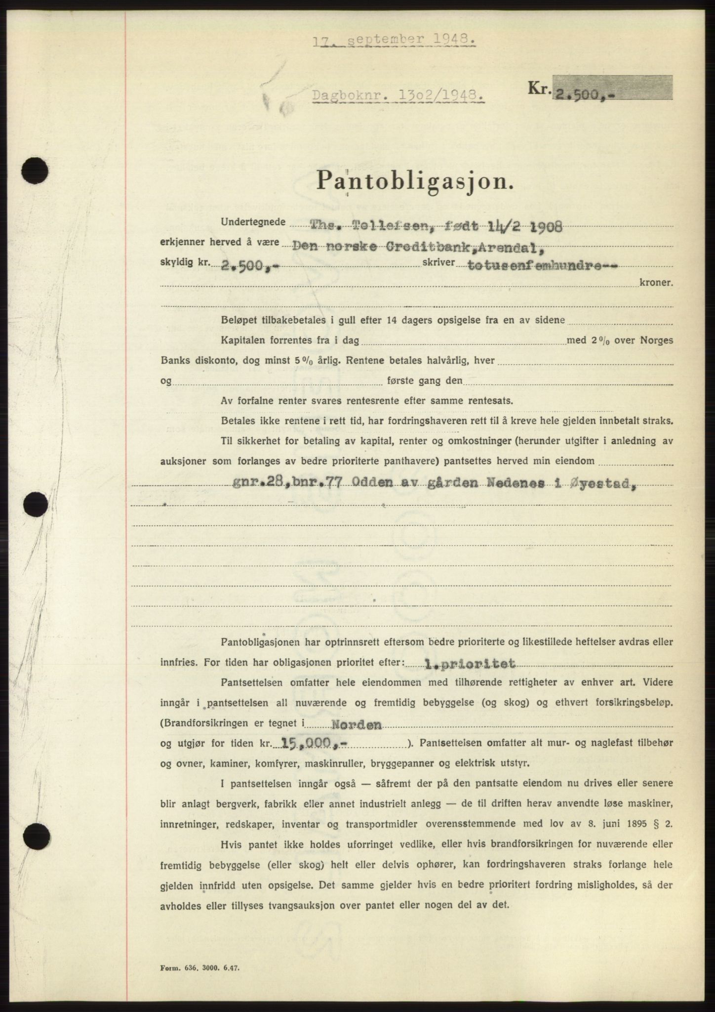 Nedenes sorenskriveri, AV/SAK-1221-0006/G/Gb/Gbb/L0005: Mortgage book no. B5, 1948-1948, Diary no: : 1302/1948