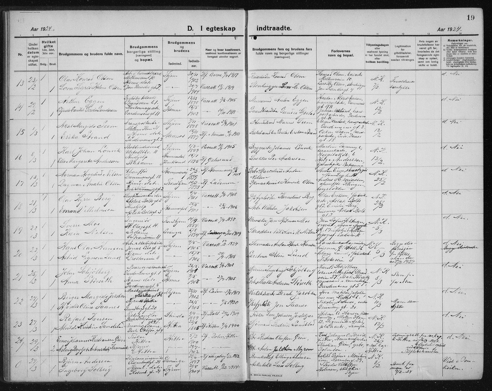 Ministerialprotokoller, klokkerbøker og fødselsregistre - Sør-Trøndelag, SAT/A-1456/605/L0260: Parish register (copy) no. 605C07, 1922-1942, p. 19