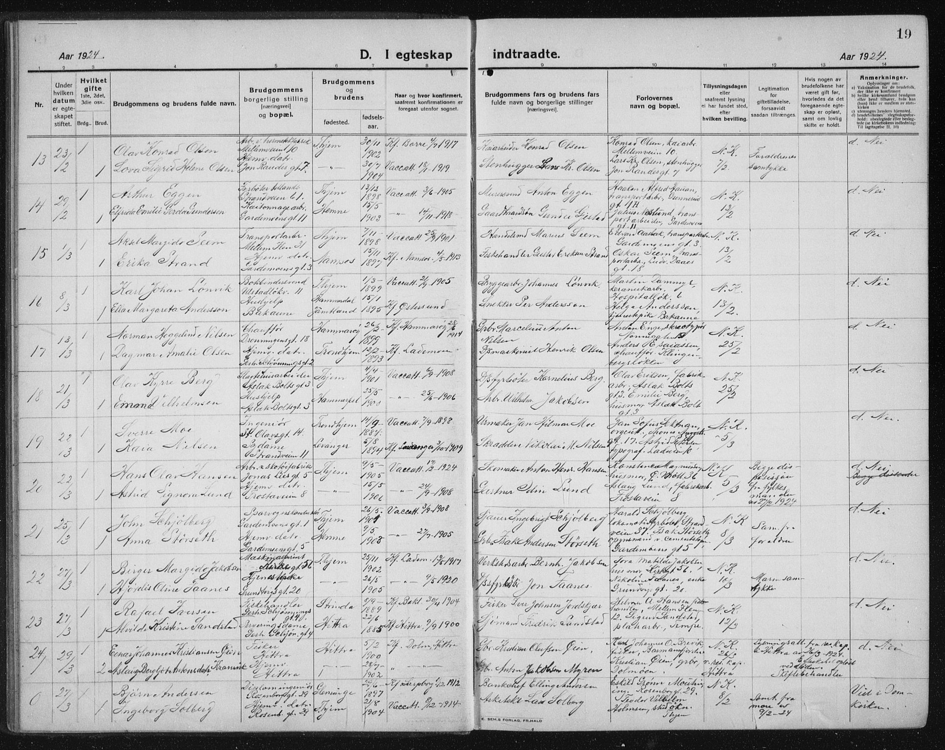 Ministerialprotokoller, klokkerbøker og fødselsregistre - Sør-Trøndelag, AV/SAT-A-1456/605/L0260: Parish register (copy) no. 605C07, 1922-1942, p. 19