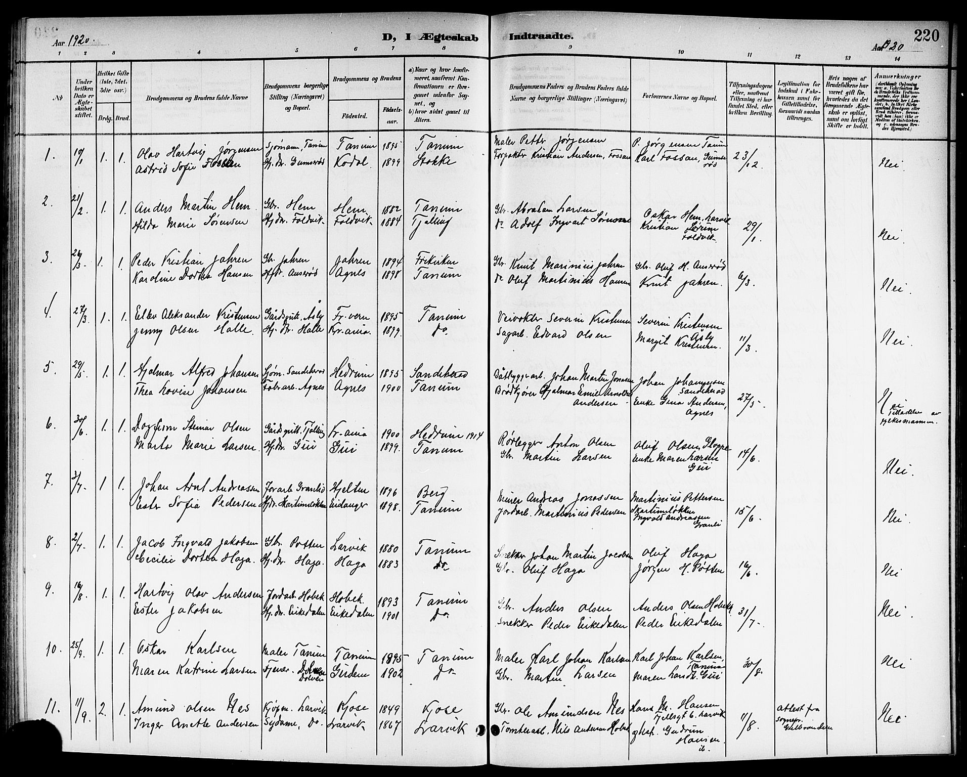 Brunlanes kirkebøker, AV/SAKO-A-342/G/Ga/L0004: Parish register (copy) no. I 4, 1898-1921, p. 220
