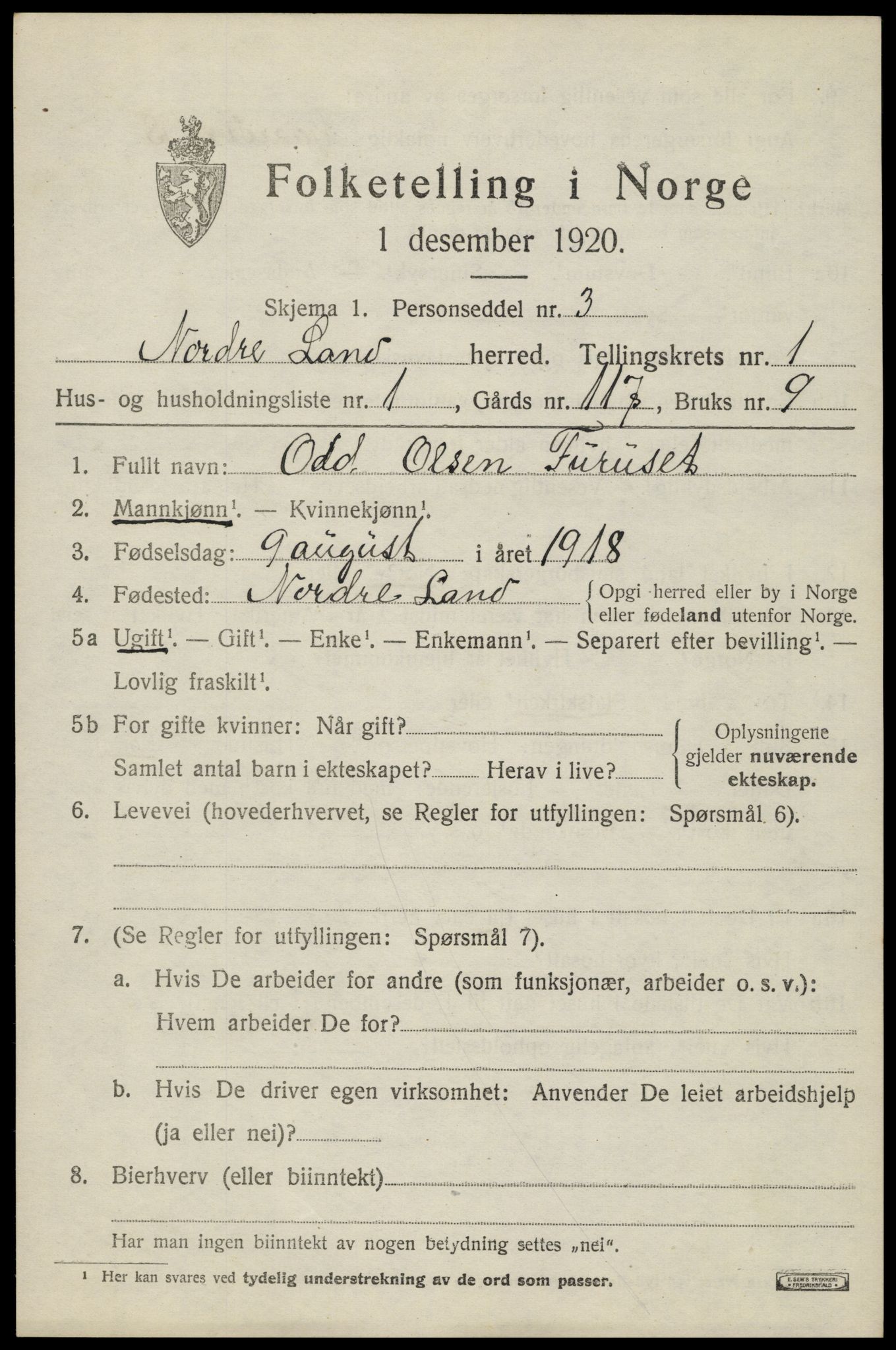 SAH, 1920 census for Nordre Land, 1920, p. 1122