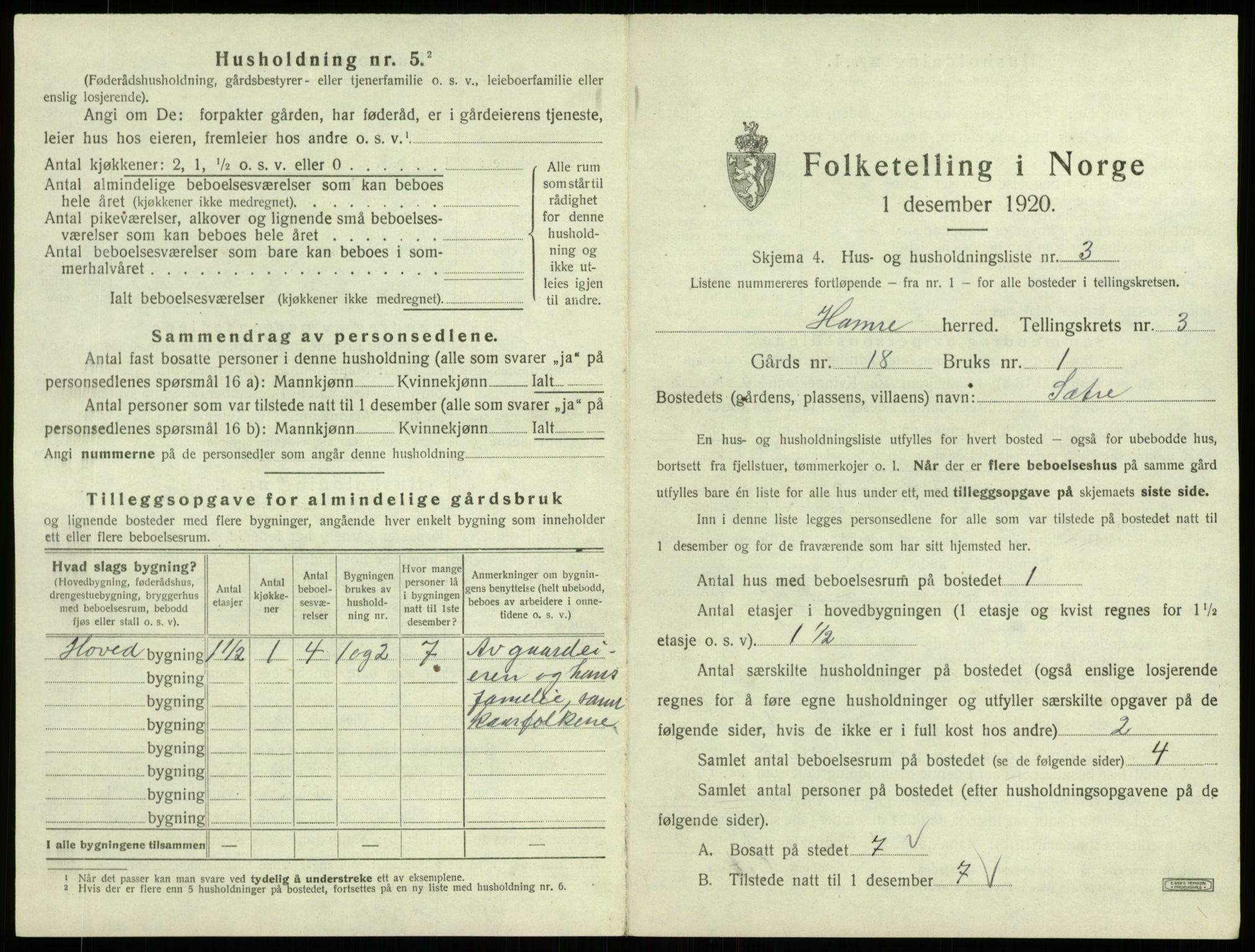 SAB, 1920 census for Hamre, 1920, p. 204