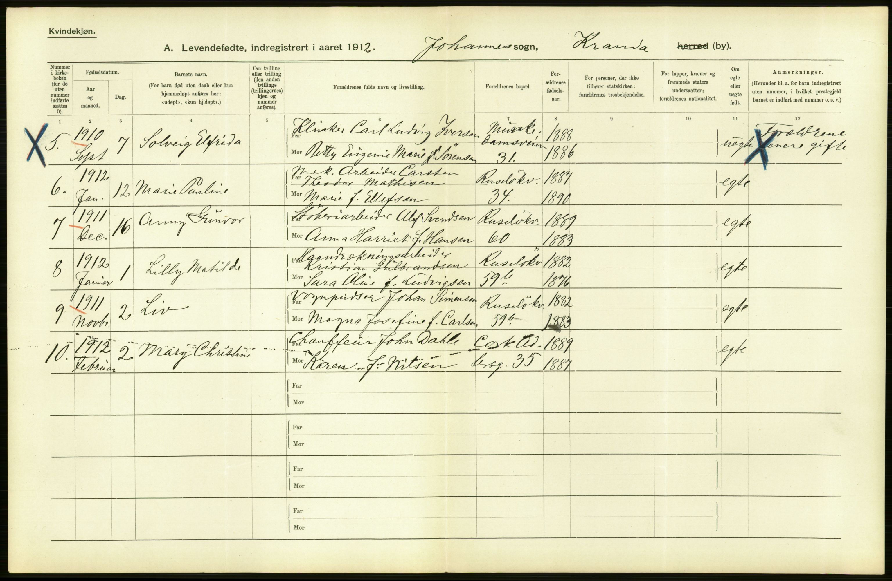 Statistisk sentralbyrå, Sosiodemografiske emner, Befolkning, RA/S-2228/D/Df/Dfb/Dfbb/L0007: Kristiania:  Levendefødte menn og kvinner., 1912, p. 786