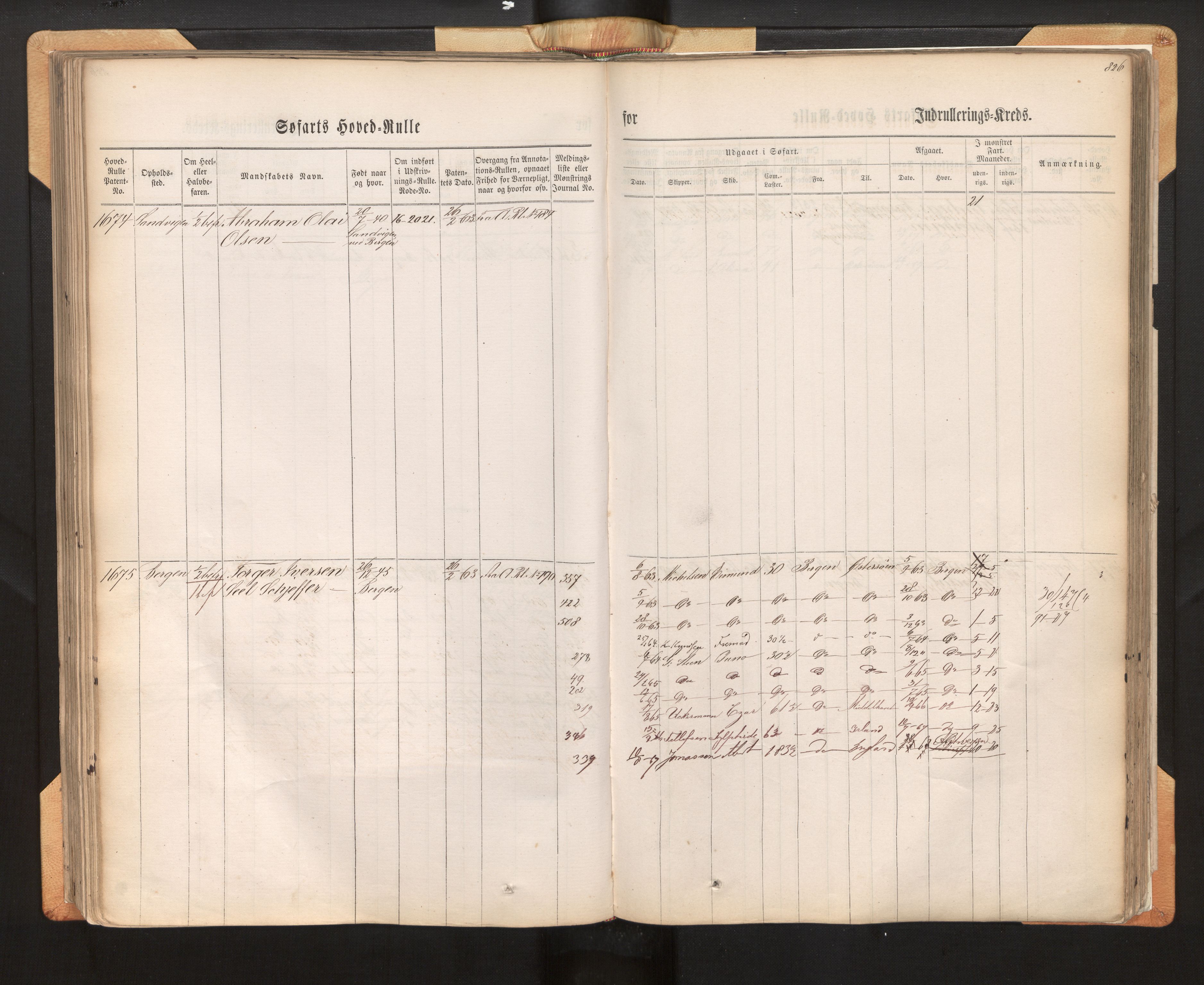 Innrulleringssjefen i Bergen, AV/SAB-A-100050/F/Fh/L0009: Sjøfarts-hovedrulle for Bergen krets, fol. 637 - ut, 1860-1865, p. 826