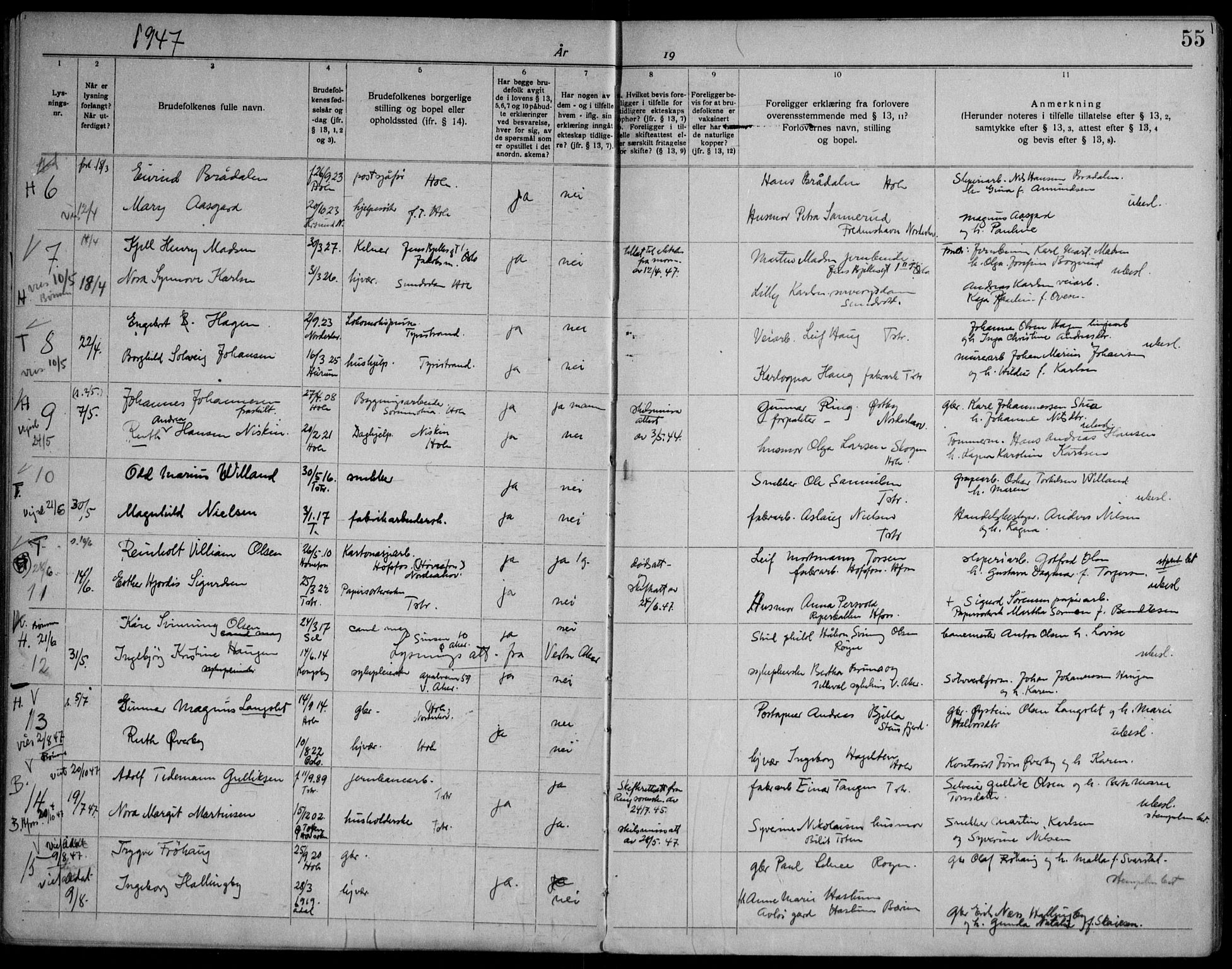 Hole kirkebøker, AV/SAKO-A-228/H/Ha/L0004: Banns register no. 4, 1919-1960, p. 55