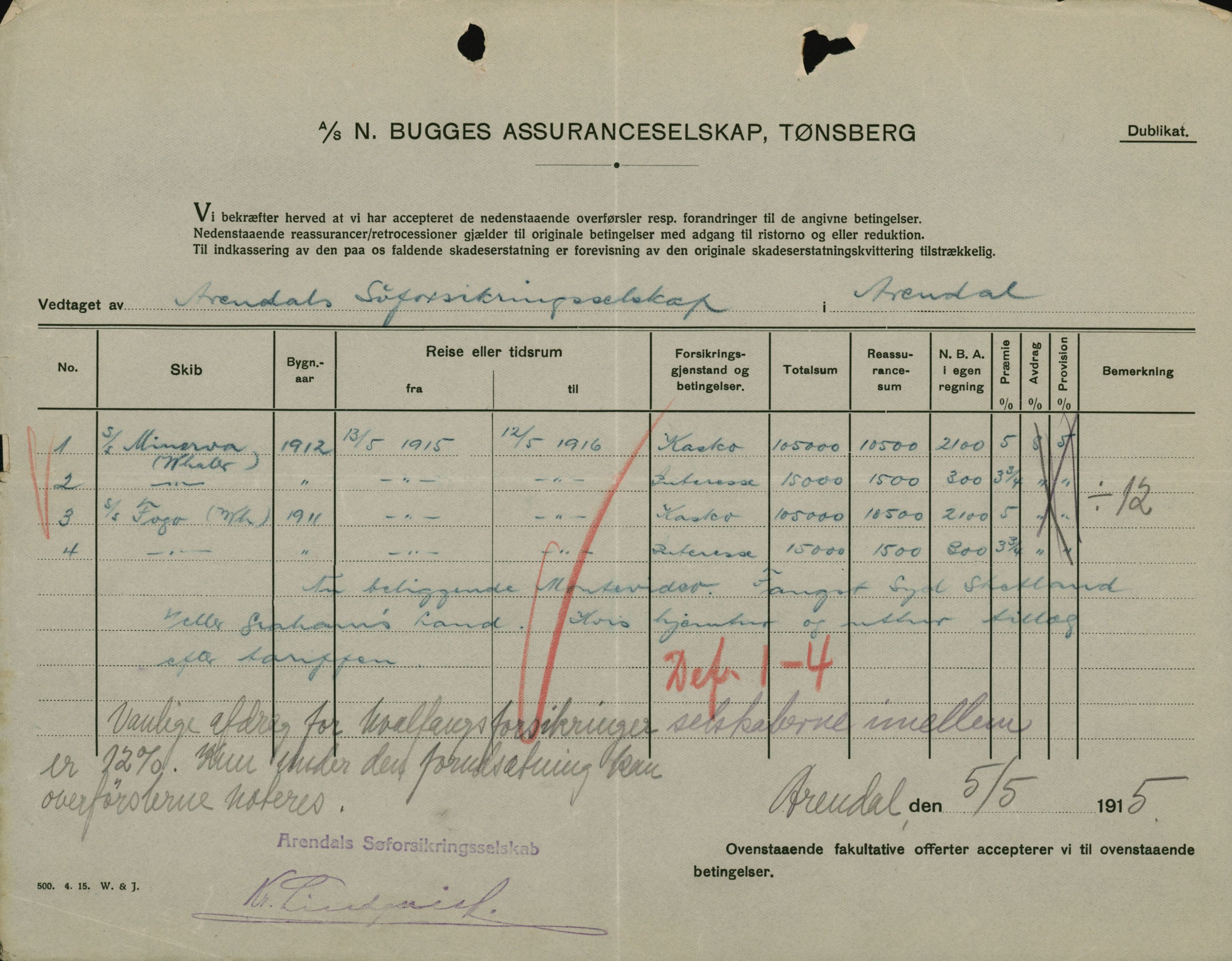 Pa 664 - Tønsberg Sjøforsikringsselskap, VEMU/A-1773/F/L0001: Forsikringspoliser, 1915-1918