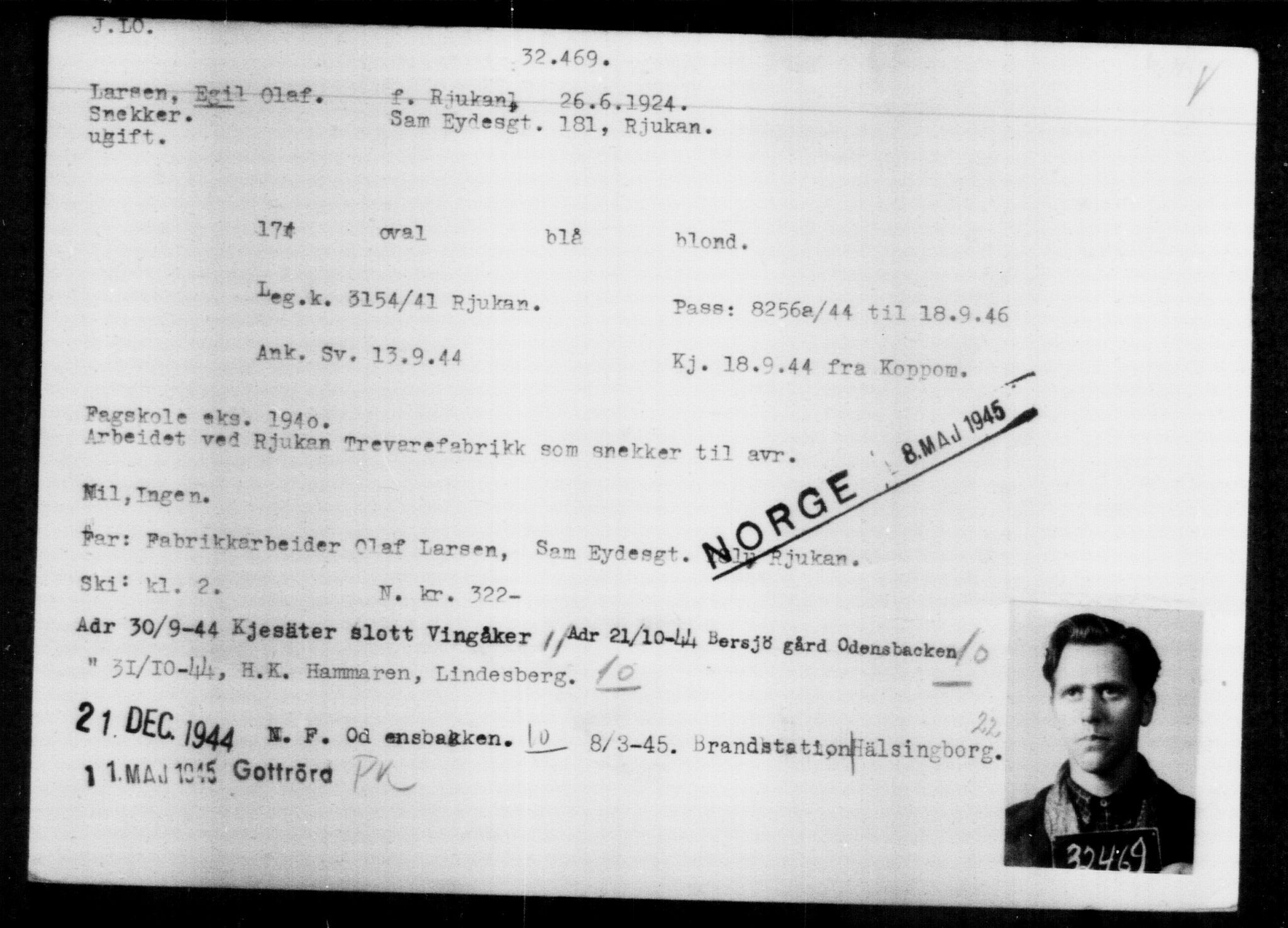 Utenriksstasjonene, Legasjonen i Stockholm, Flyktningkontoret, AV/RA-S-6753/V/Va/L0013: Kjesäterkartoteket, flyktninger med registreringsnr. 31500-34731, 1940-1945, p. 1023