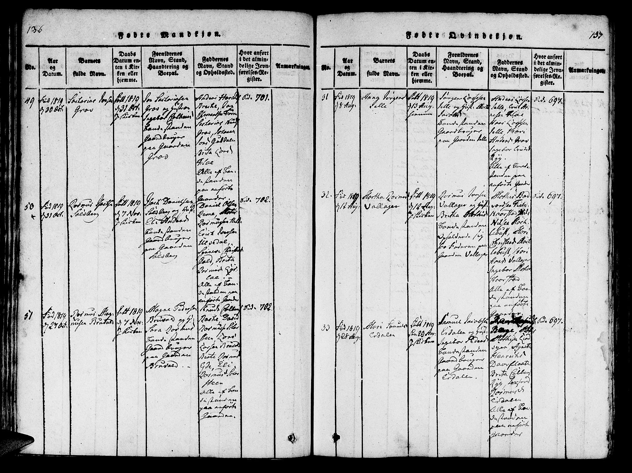 Innvik sokneprestembete, AV/SAB-A-80501: Parish register (official) no. A 2, 1816-1821, p. 136-137