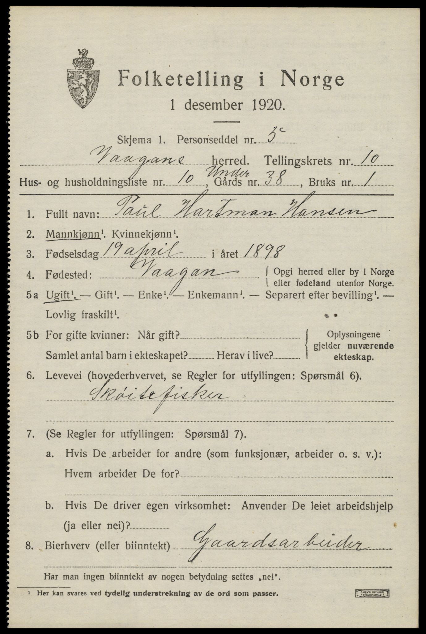 SAT, 1920 census for Vågan, 1920, p. 8985