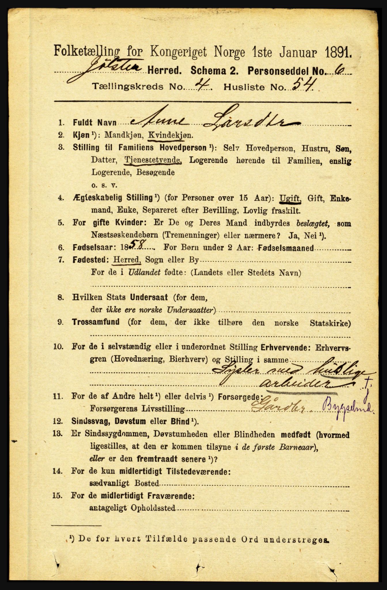 RA, 1891 census for 1431 Jølster, 1891, p. 1713