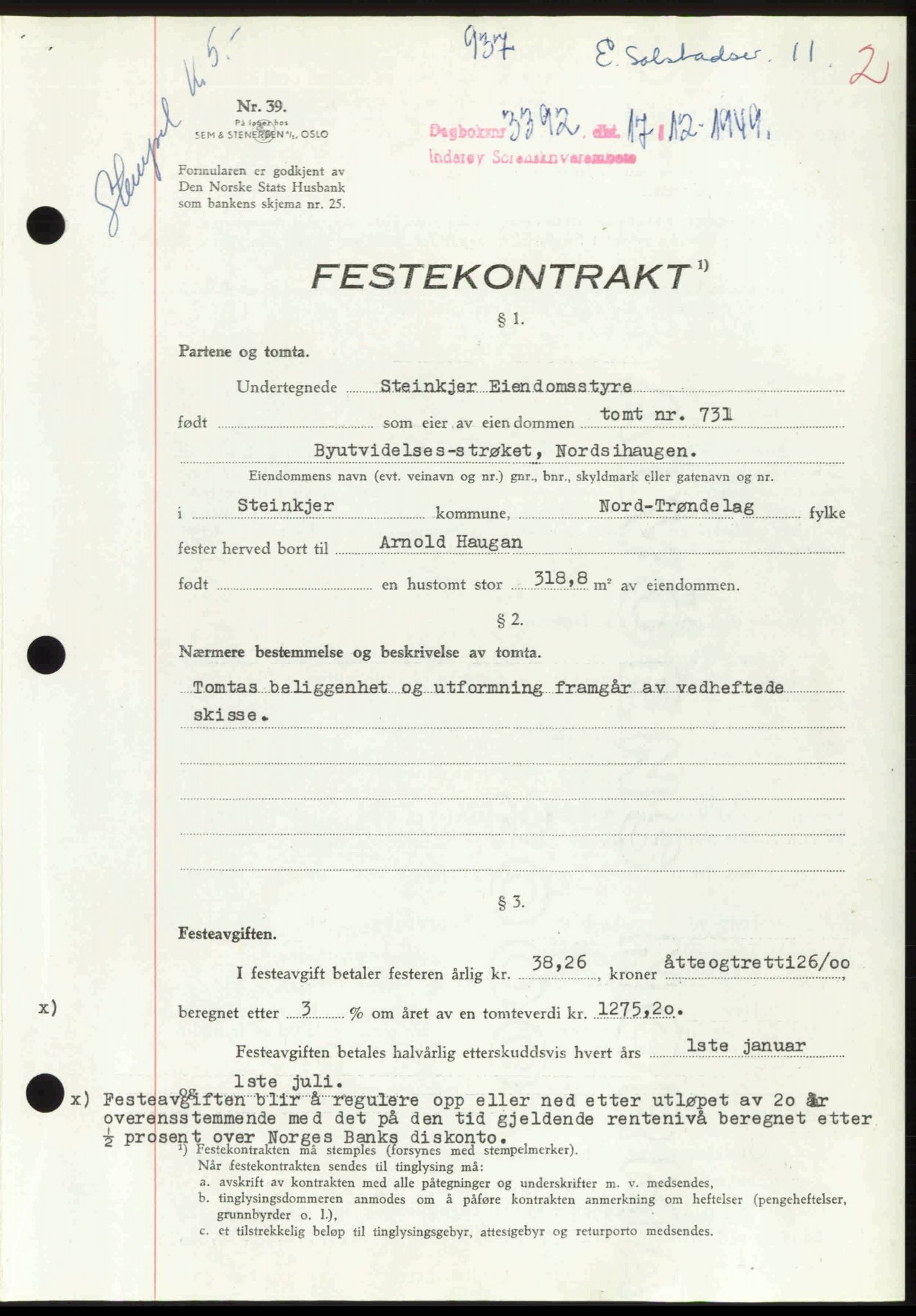 Inderøy sorenskriveri, AV/SAT-A-4147/1/2/2C: Mortgage book no. A 21, 1949-1949, Diary no: : 3392/1949