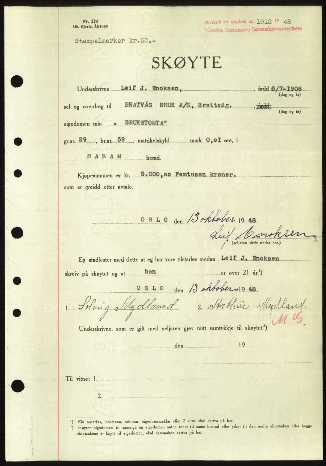 Nordre Sunnmøre sorenskriveri, AV/SAT-A-0006/1/2/2C/2Ca: Mortgage book no. A29, 1948-1949, Diary no: : 1912/1948