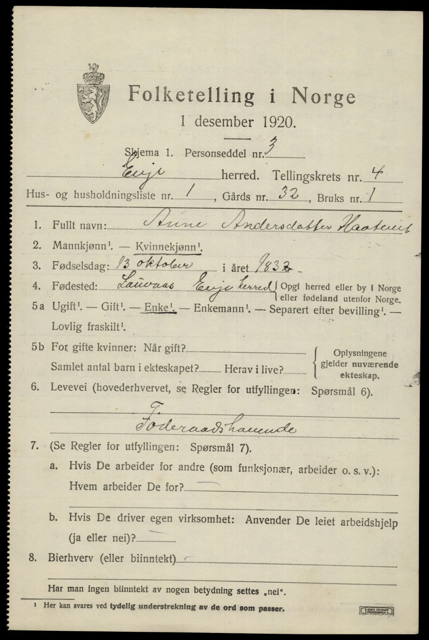 SAK, 1920 census for Evje, 1920, p. 1316