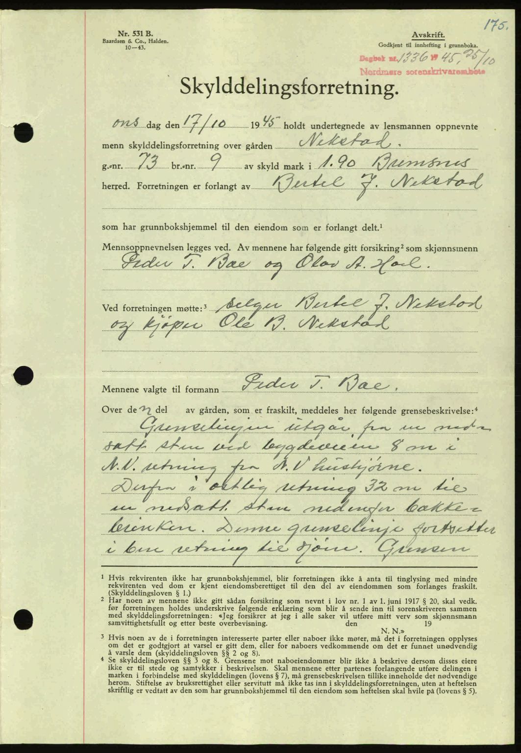 Nordmøre sorenskriveri, AV/SAT-A-4132/1/2/2Ca: Mortgage book no. A100a, 1945-1945, Diary no: : 1336/1945