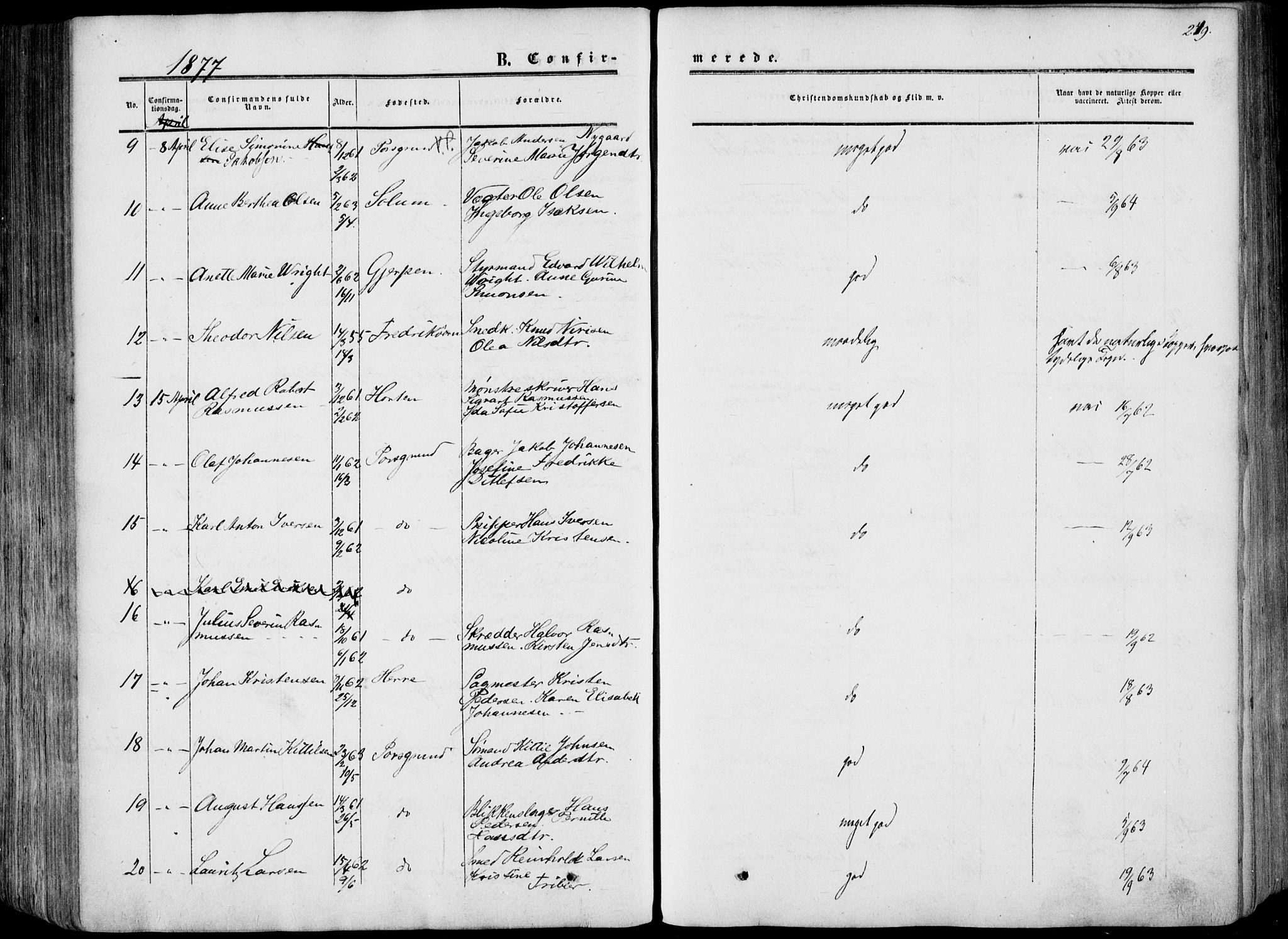 Porsgrunn kirkebøker , AV/SAKO-A-104/F/Fa/L0007: Parish register (official) no. 7, 1858-1877, p. 249