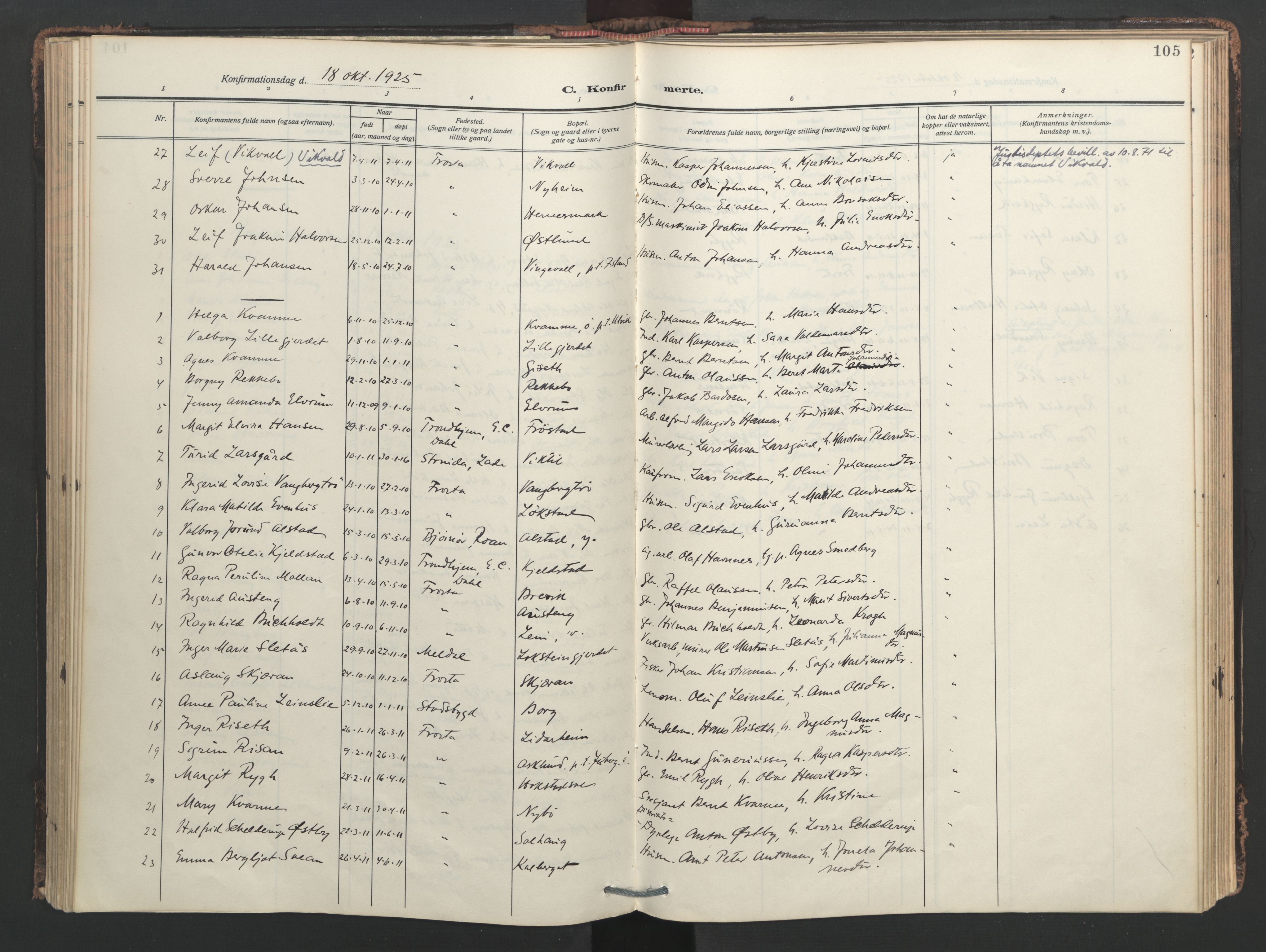 Ministerialprotokoller, klokkerbøker og fødselsregistre - Nord-Trøndelag, SAT/A-1458/713/L0123: Parish register (official) no. 713A12, 1911-1925, p. 105