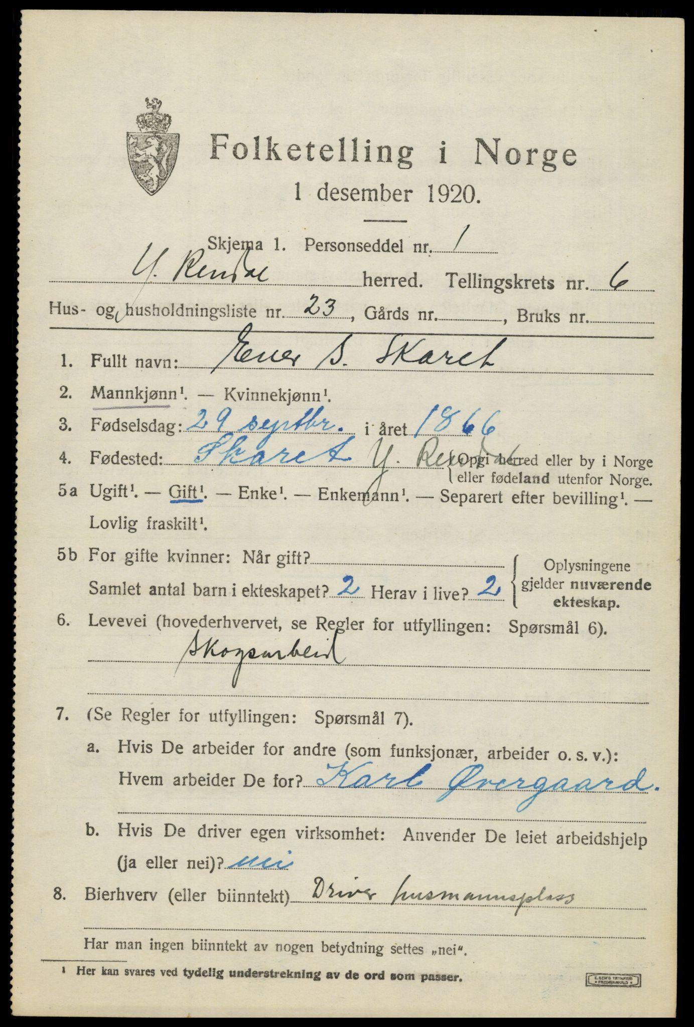 SAH, 1920 census for Ytre Rendal, 1920, p. 3637