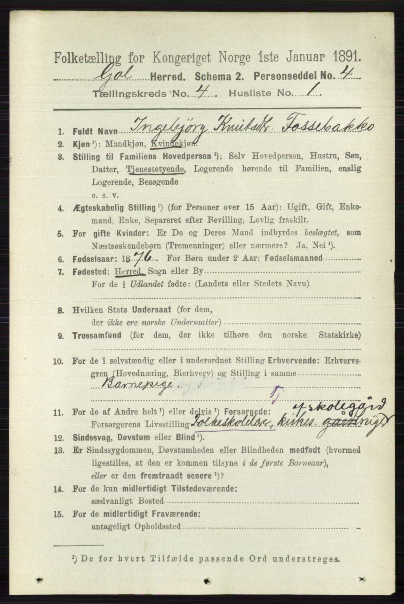 RA, 1891 census for 0617 Gol og Hemsedal, 1891, p. 1821