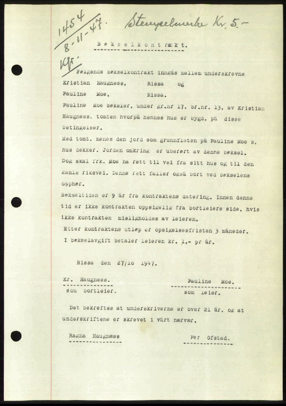 Fosen sorenskriveri, AV/SAT-A-1107/1/2/2C: Mortgage book no. A7-9, 1947-1949, Diary no: : 1454/1947