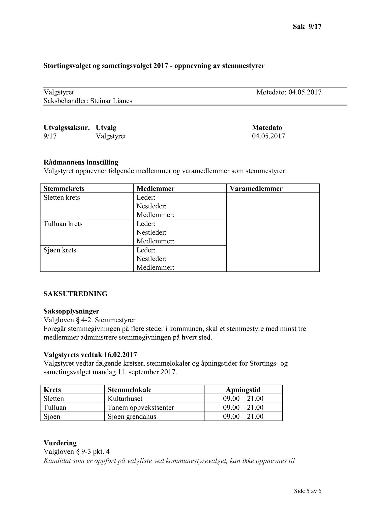 Klæbu Kommune, TRKO/KK/10-VS/L003: Valgnemnda - Møtedokumenter, 2017, p. 33