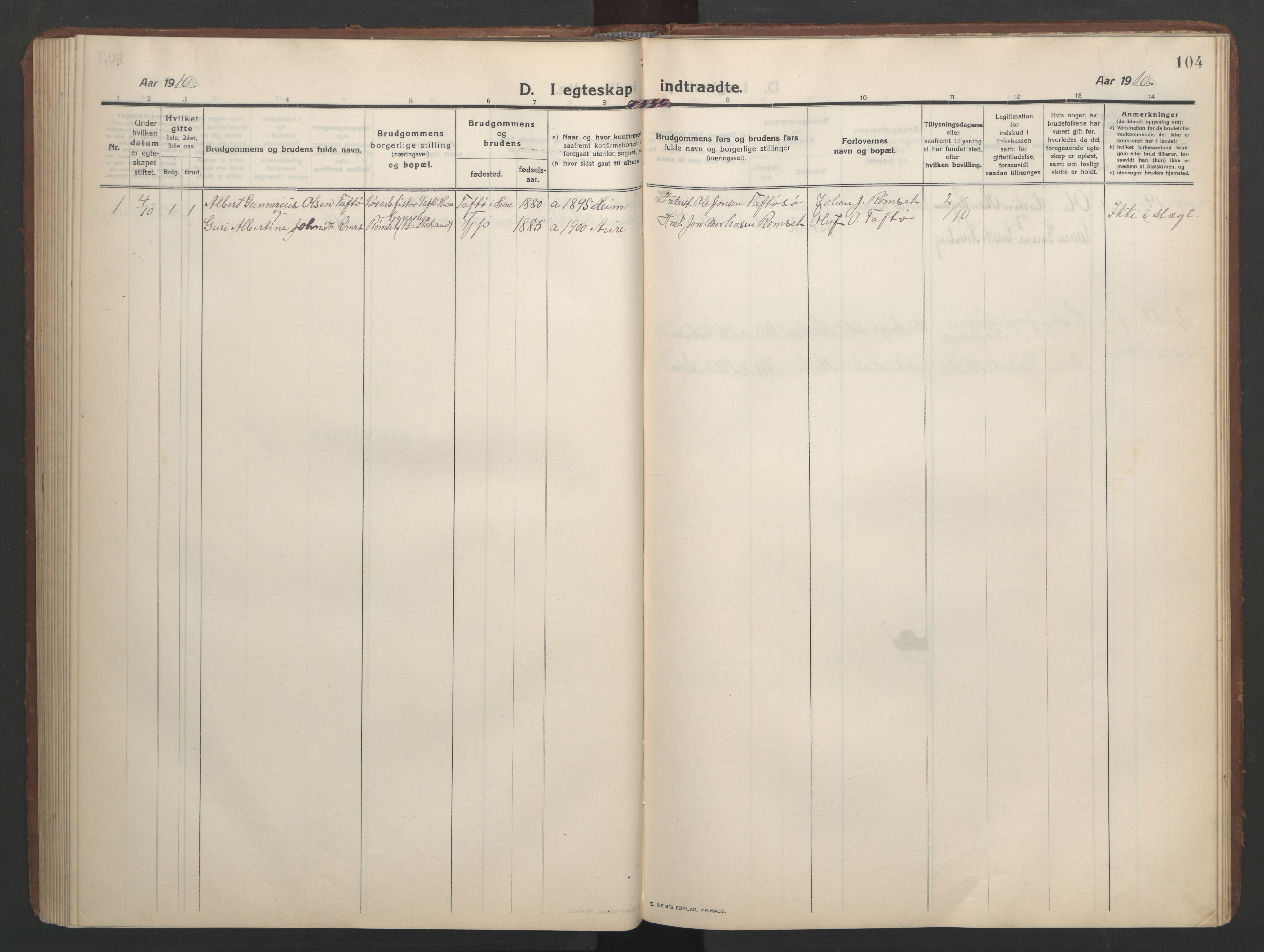 Ministerialprotokoller, klokkerbøker og fødselsregistre - Møre og Romsdal, AV/SAT-A-1454/579/L0919: Parish register (copy) no. 579C01, 1909-1957, p. 104