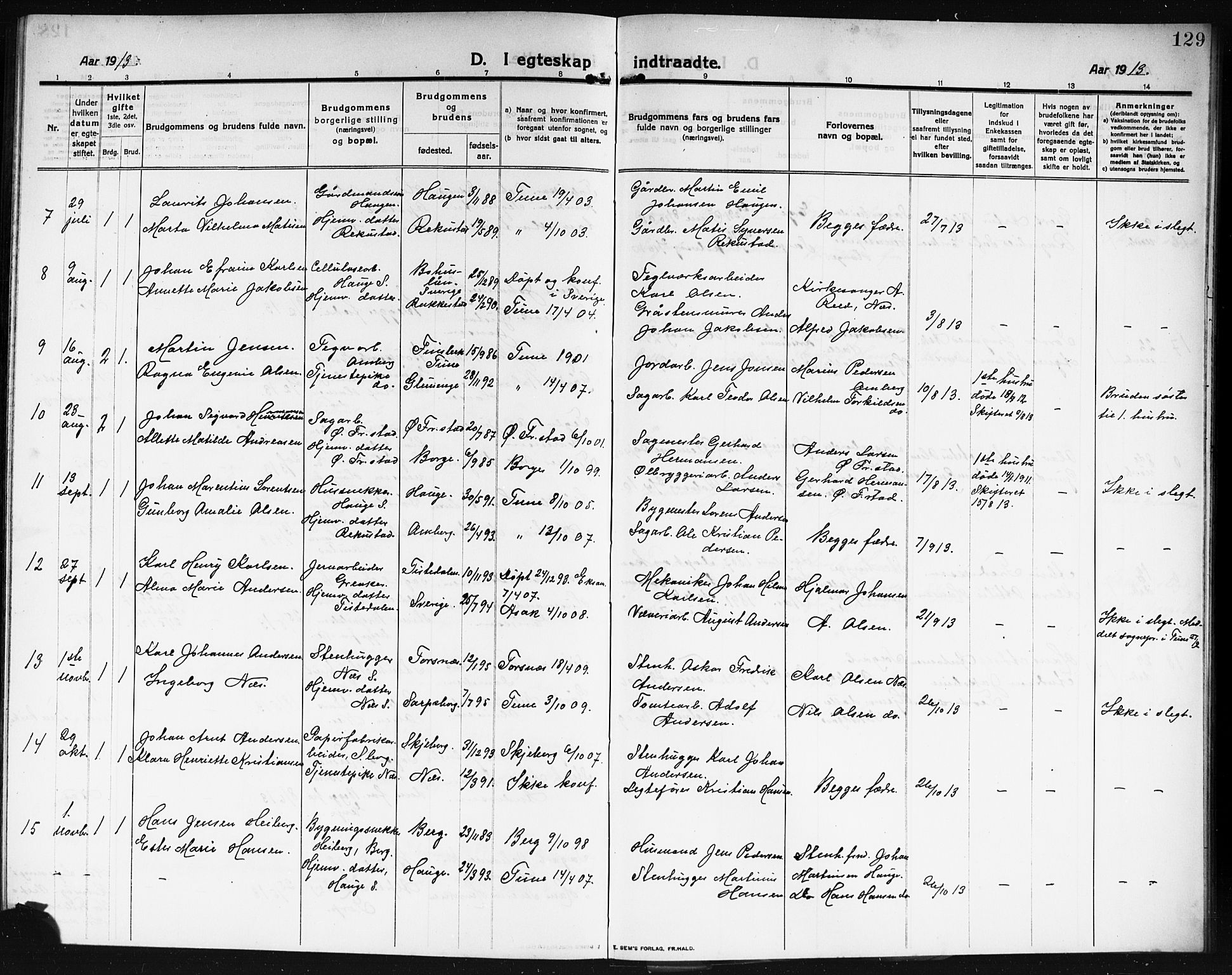 Rolvsøy prestekontor Kirkebøker, AV/SAO-A-2004/G/Ga/L0001: Parish register (copy) no. 1, 1911-1920, p. 129