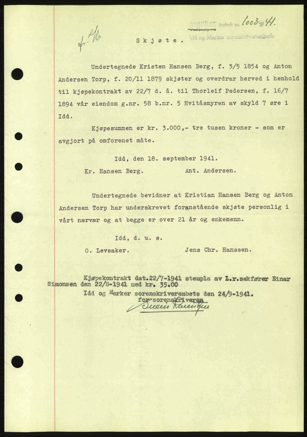 Idd og Marker sorenskriveri, AV/SAO-A-10283/G/Gb/Gbb/L0004: Mortgage book no. A4, 1940-1941, Diary no: : 1003/1941