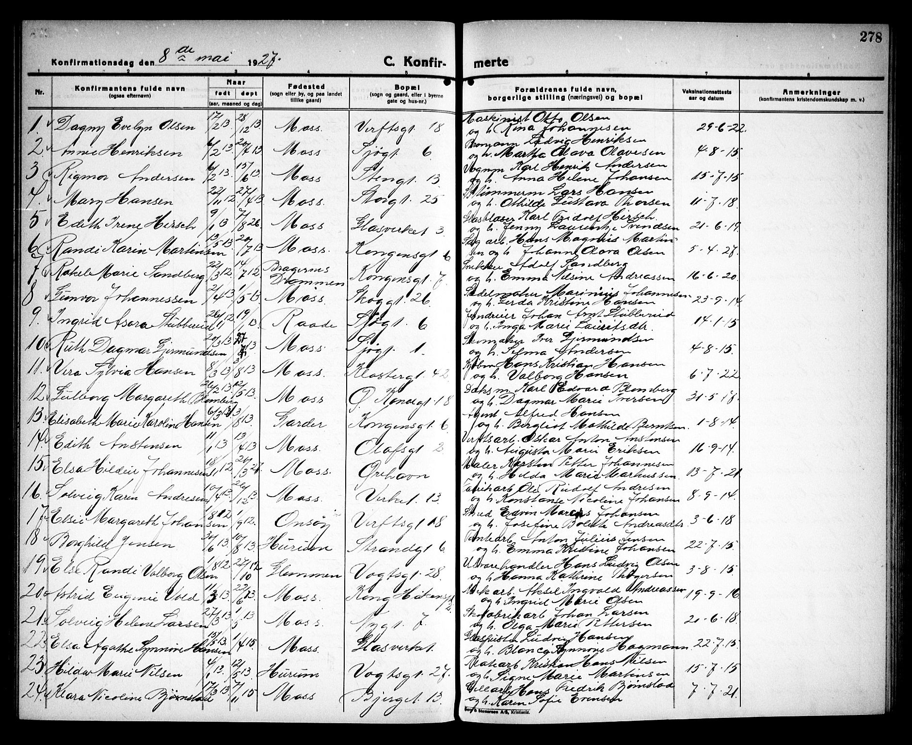 Moss prestekontor Kirkebøker, AV/SAO-A-2003/G/Ga/L0009: Parish register (copy) no. I 9, 1924-1937, p. 278