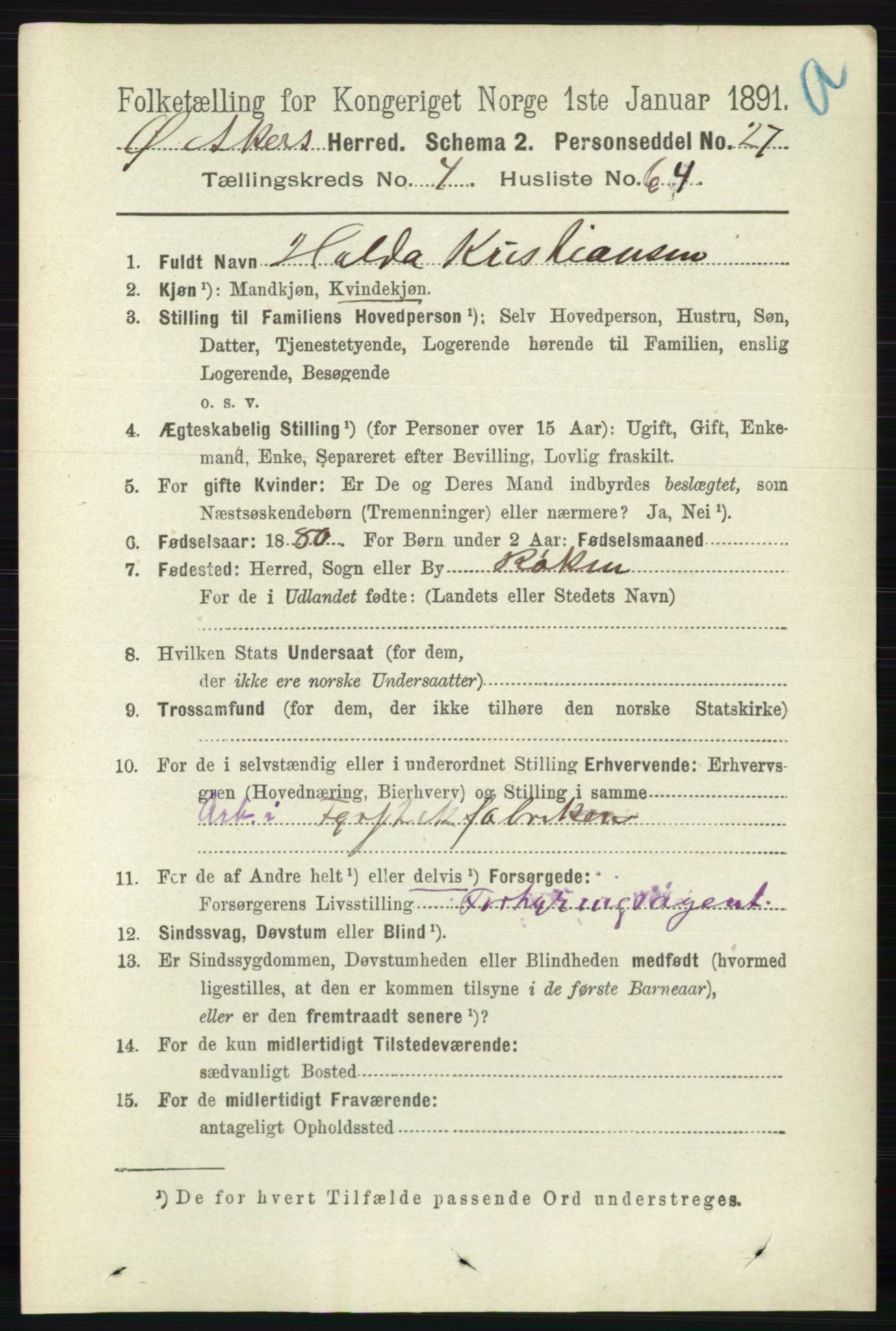 RA, 1891 census for 0218 Aker, 1891, p. 4881