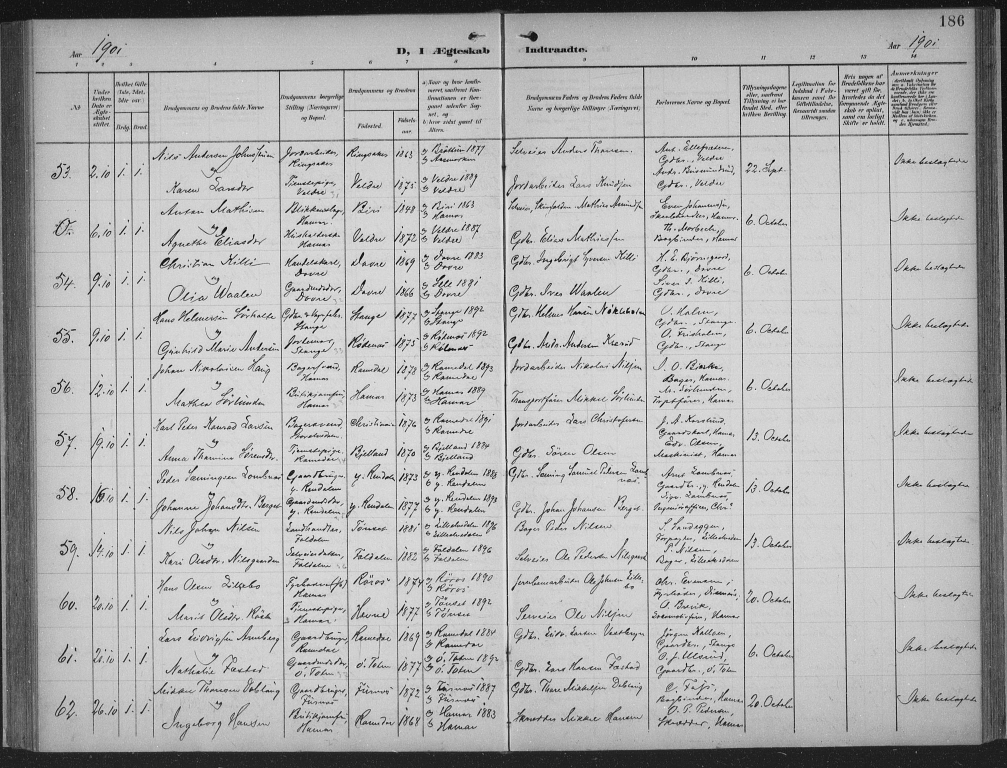 Hamar prestekontor, SAH/DOMPH-002/H/Ha/Haa/L0001: Parish register (official) no. 1, 1900-1914, p. 186