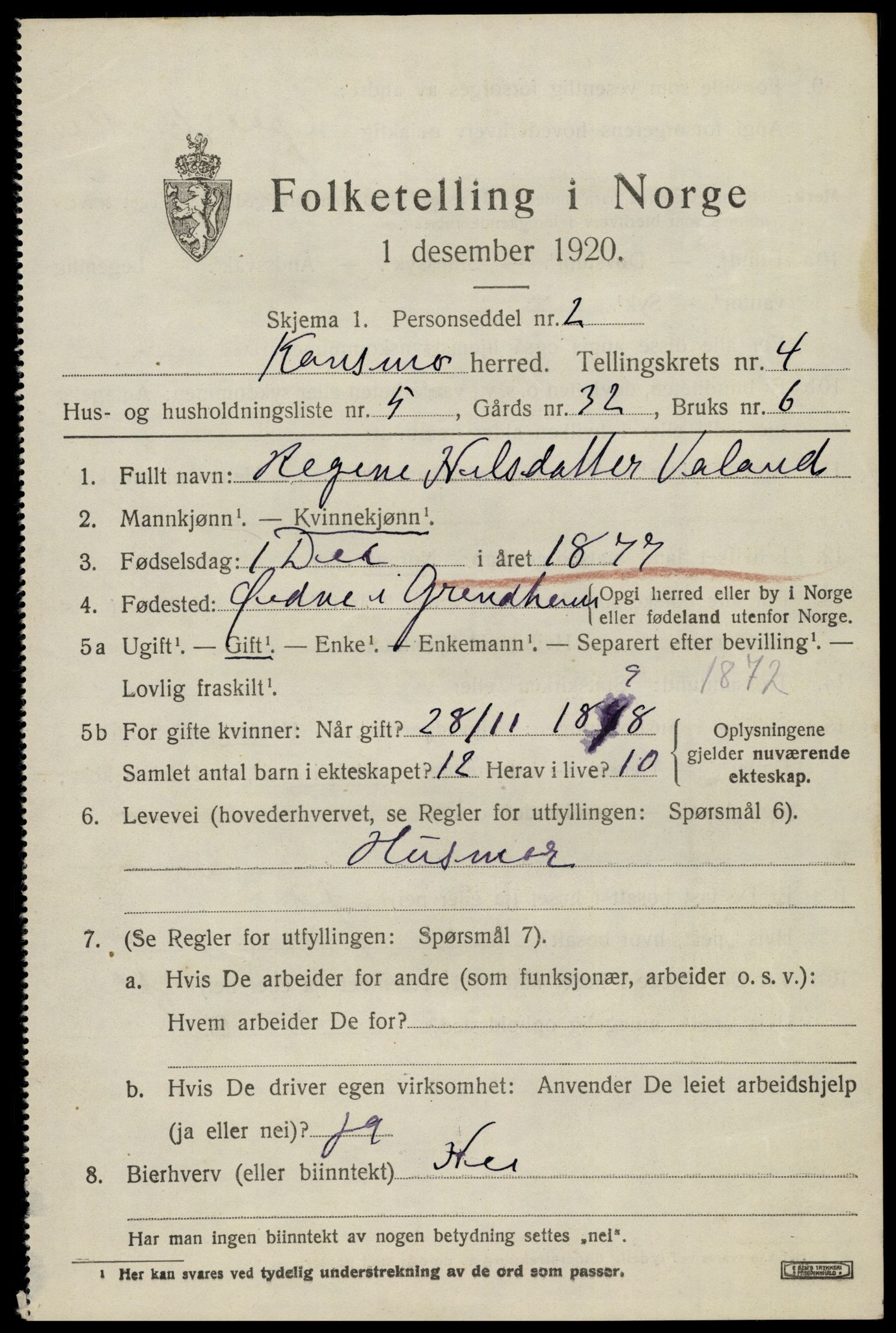 SAK, 1920 census for Konsmo, 1920, p. 1236
