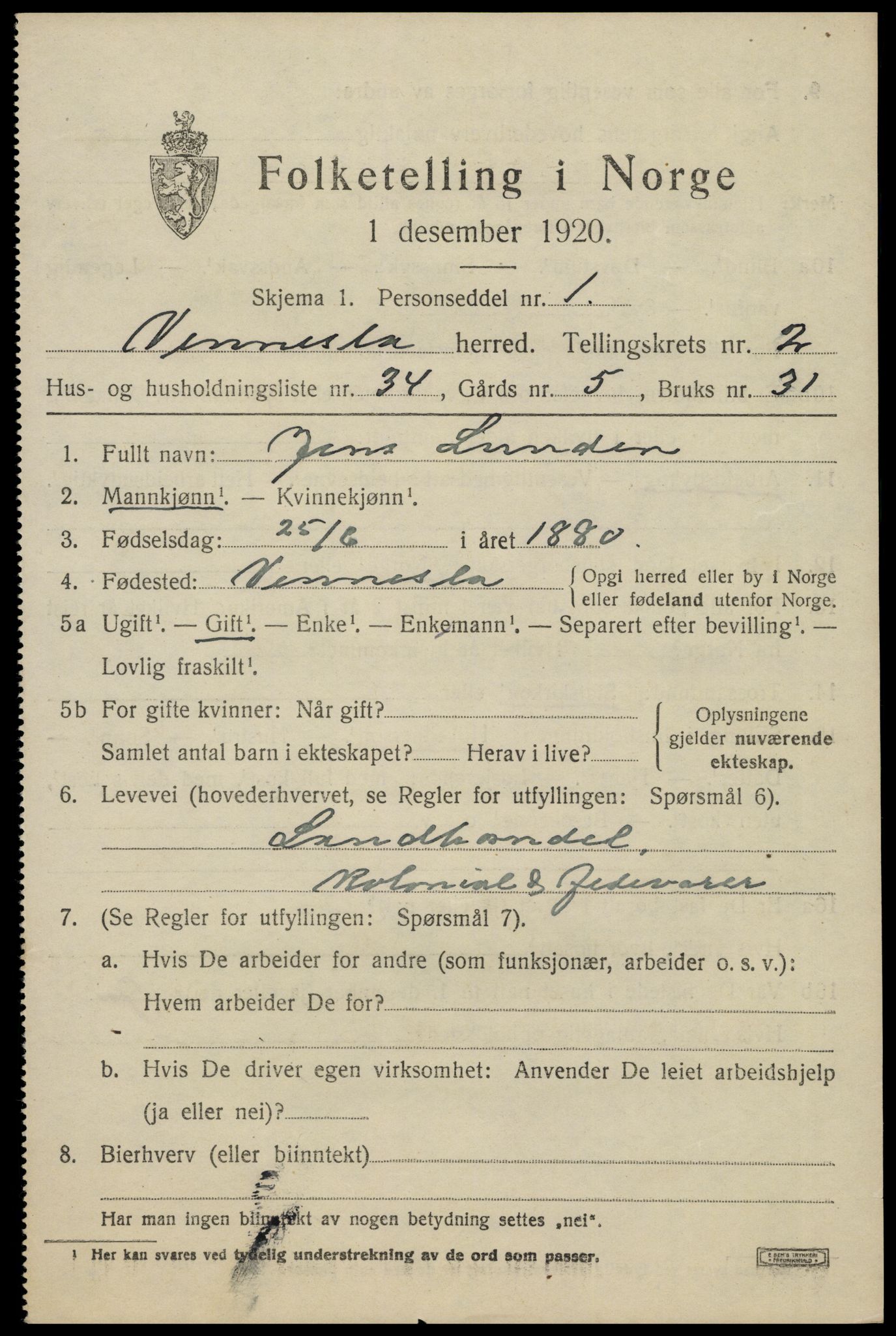 SAK, 1920 census for Vennesla, 1920, p. 1930