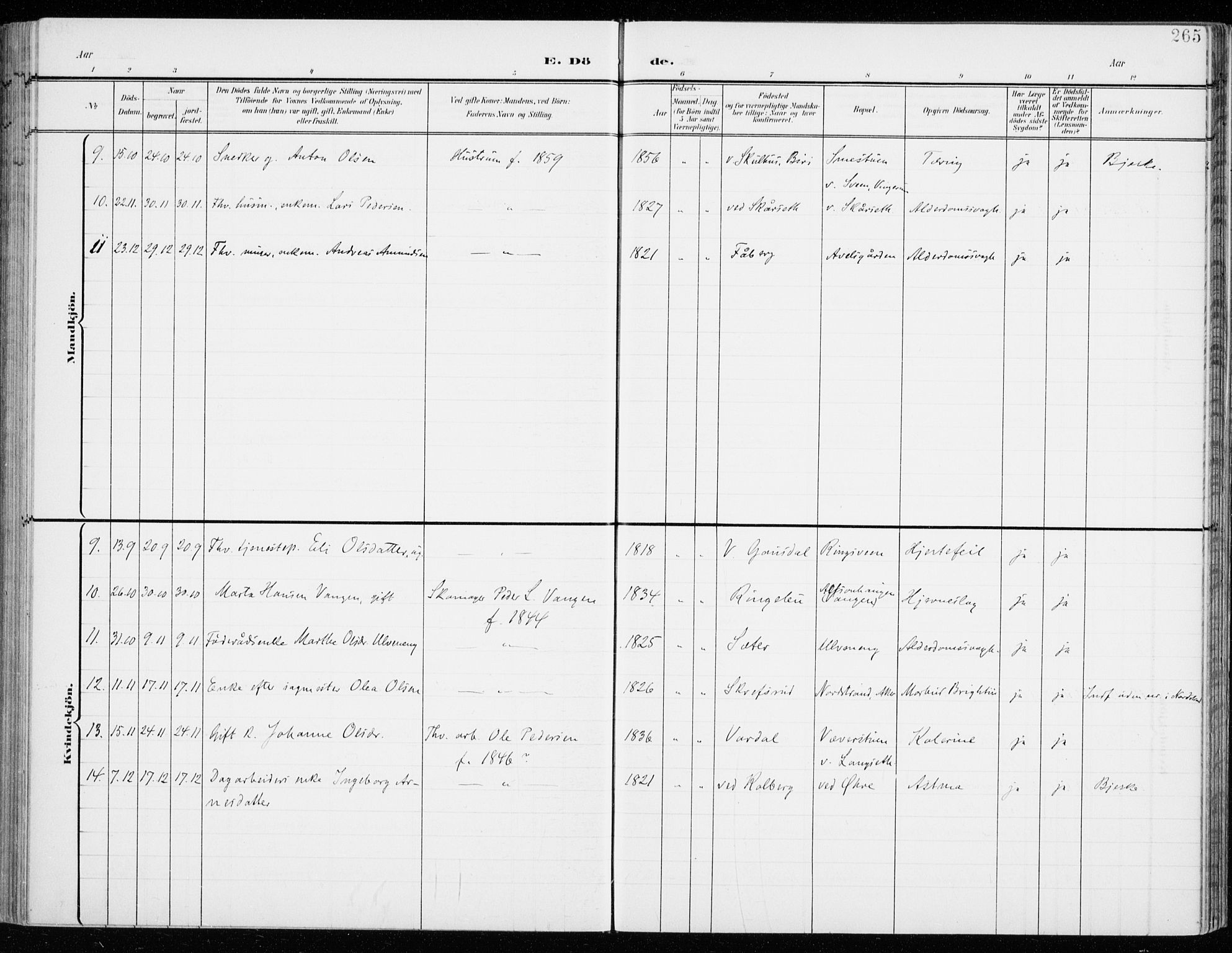 Fåberg prestekontor, SAH/PREST-086/H/Ha/Haa/L0011: Parish register (official) no. 11, 1899-1913, p. 265