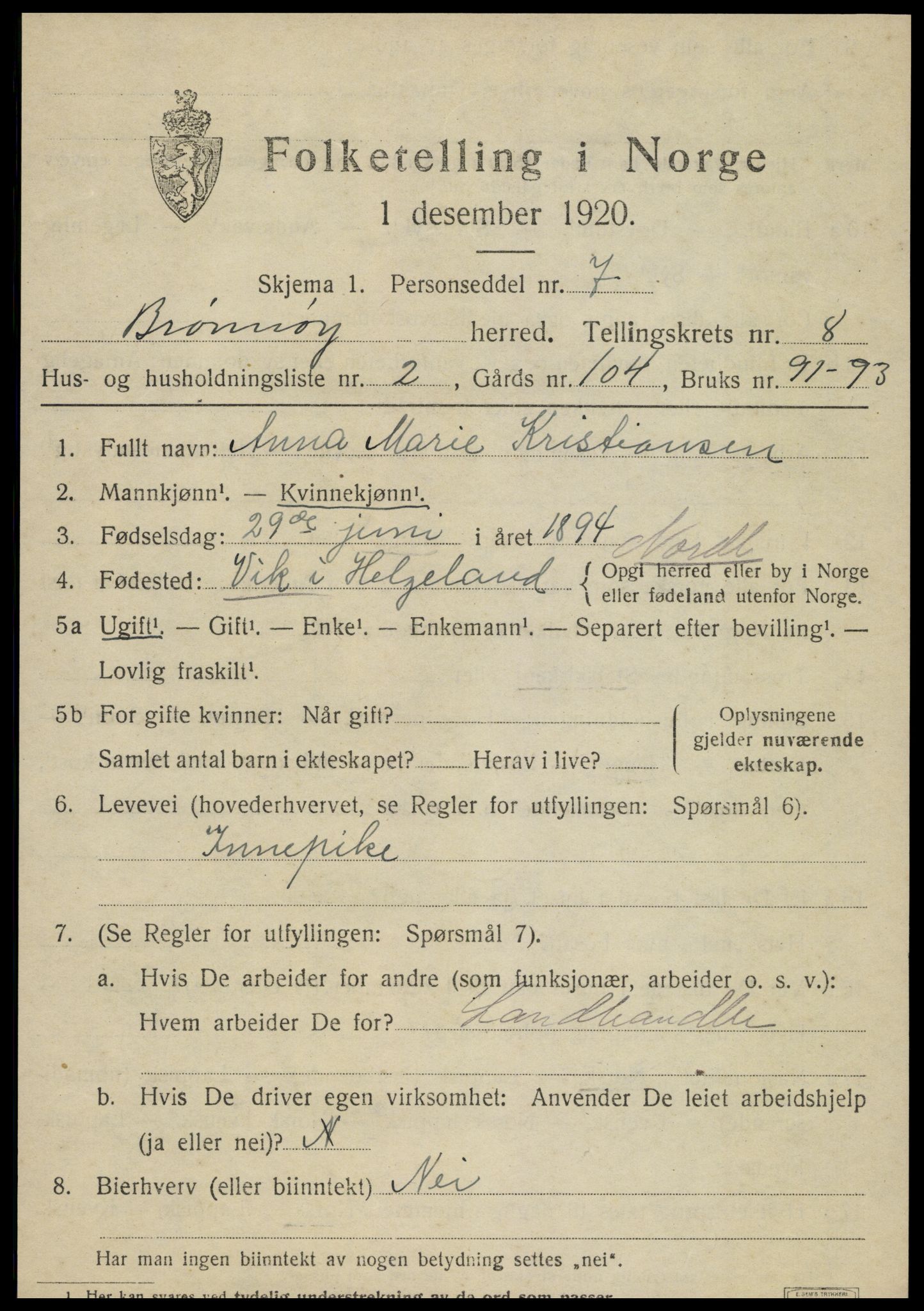 SAT, 1920 census for Brønnøy, 1920, p. 5918