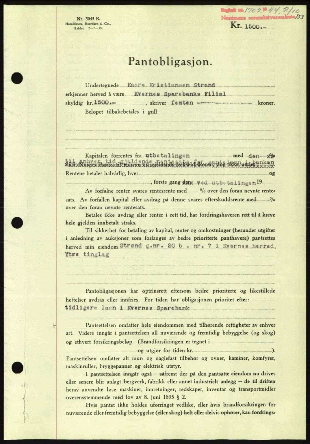 Nordmøre sorenskriveri, AV/SAT-A-4132/1/2/2Ca: Mortgage book no. B92, 1944-1945, Diary no: : 1702/1944