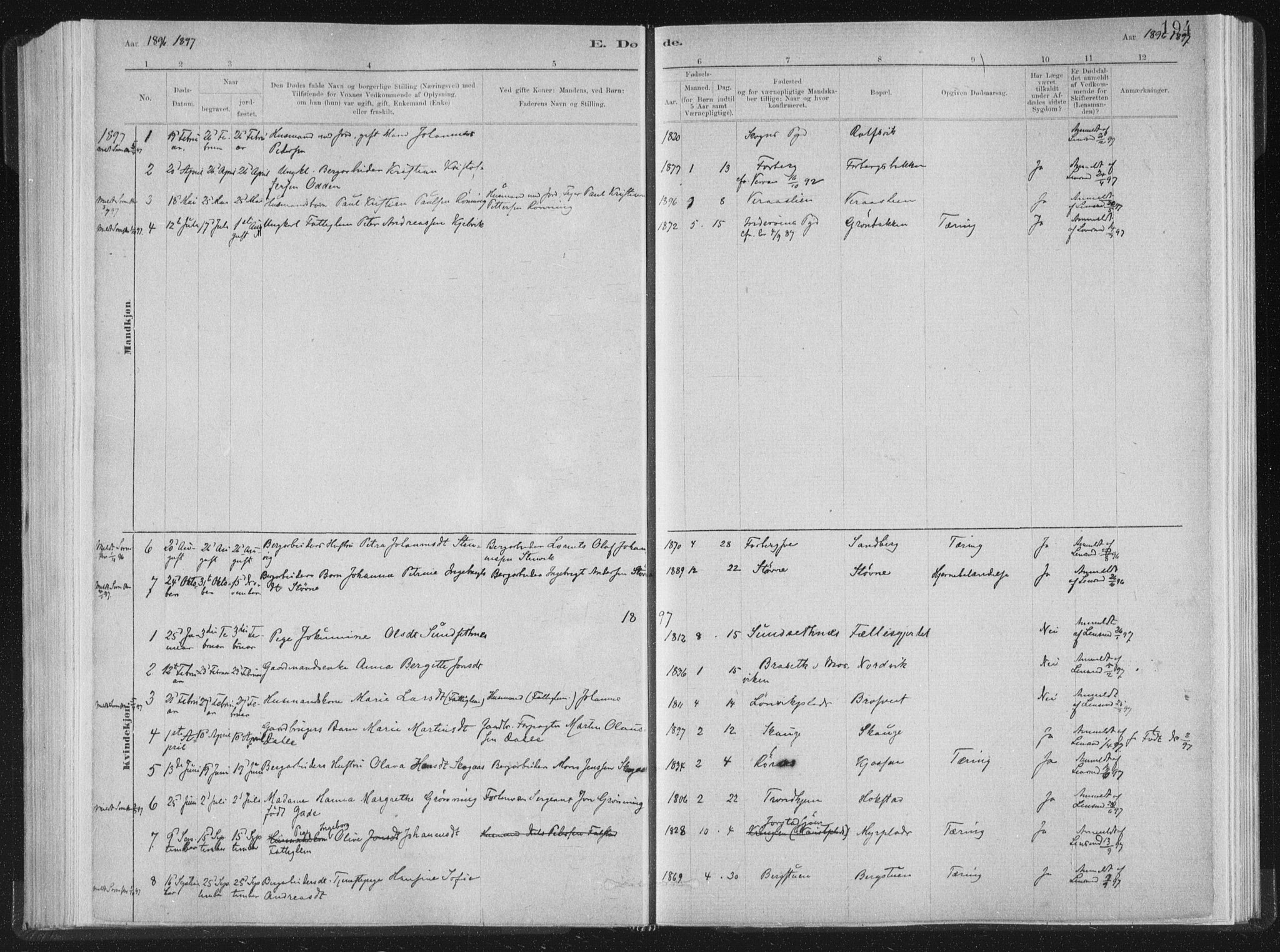 Ministerialprotokoller, klokkerbøker og fødselsregistre - Nord-Trøndelag, SAT/A-1458/722/L0220: Parish register (official) no. 722A07, 1881-1908, p. 194