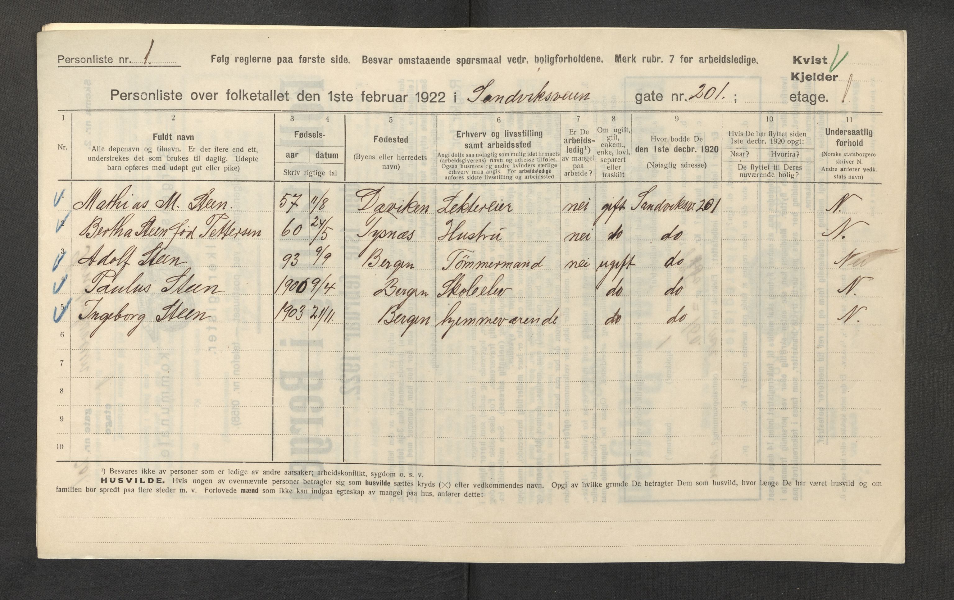 SAB, Municipal Census 1922 for Bergen, 1922, p. 34548