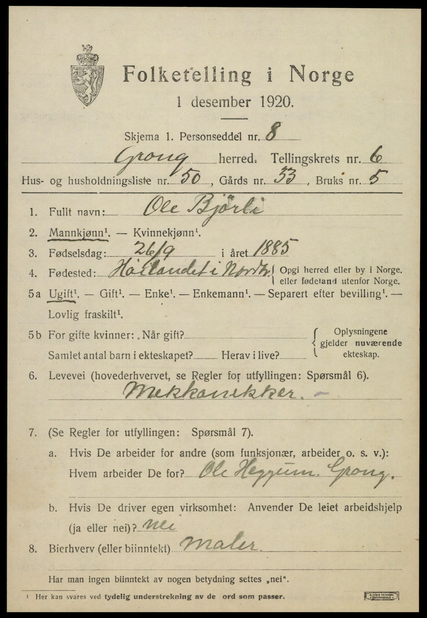 SAT, 1920 census for Grong, 1920, p. 4077