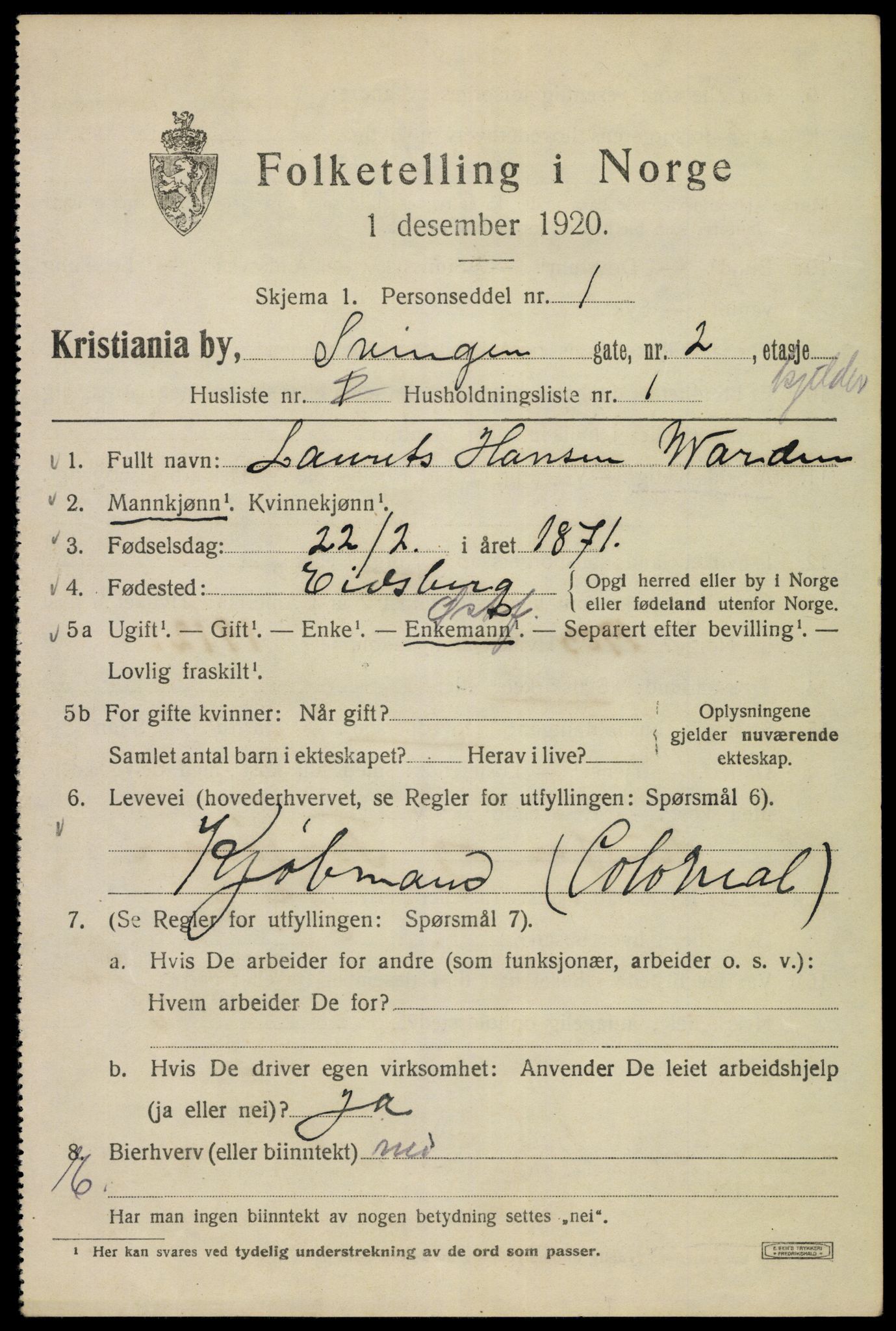 SAO, 1920 census for Kristiania, 1920, p. 560191