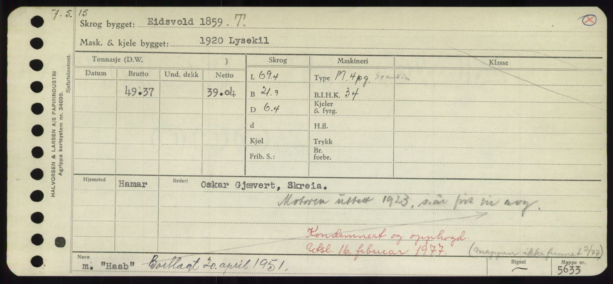 Sjøfartsdirektoratet med forløpere, Skipsmålingen, RA/S-1627/H/Hd/L0017: Fartøy, Holi-Hå, p. 533