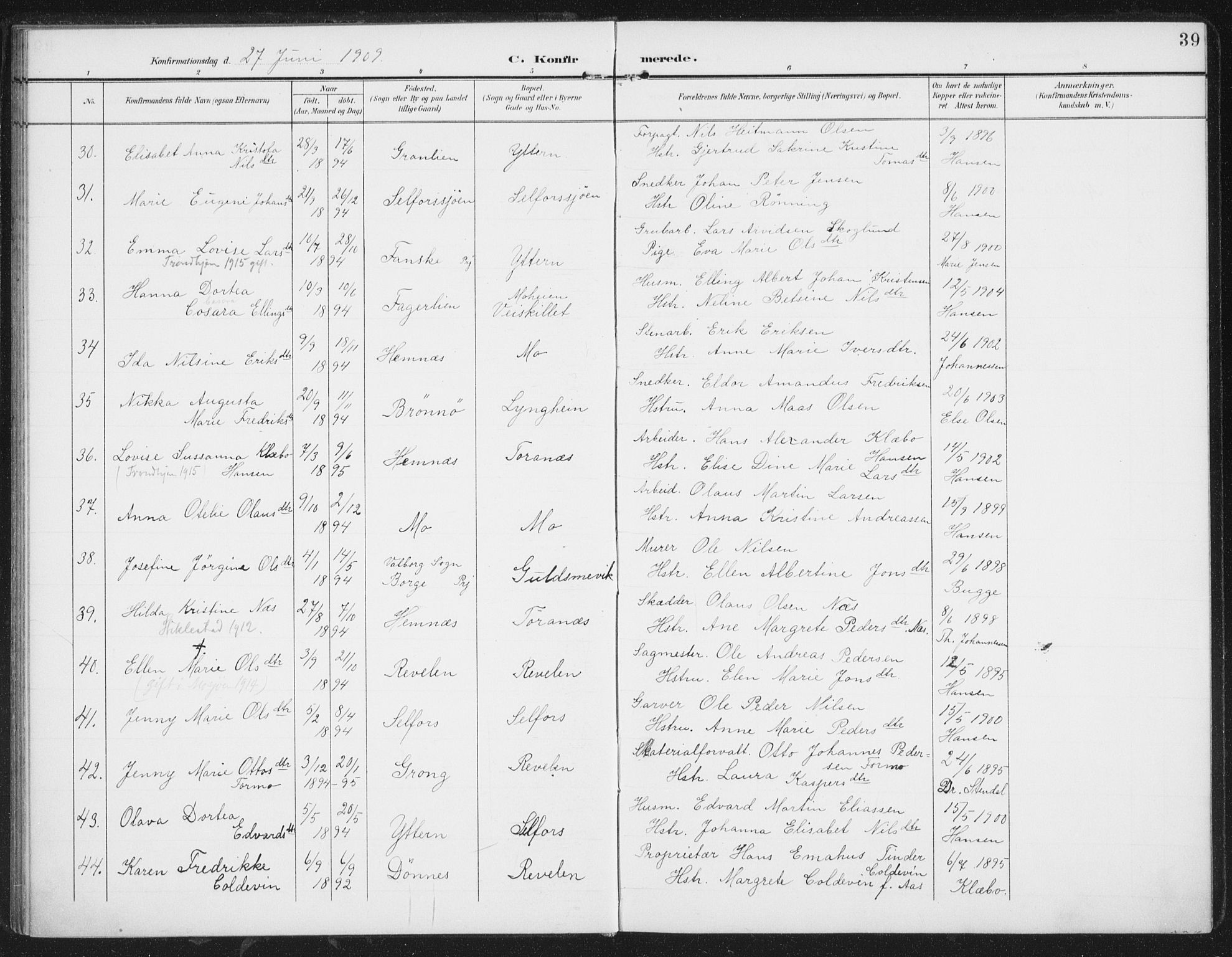 Ministerialprotokoller, klokkerbøker og fødselsregistre - Nordland, AV/SAT-A-1459/827/L0403: Parish register (official) no. 827A15, 1903-1912, p. 39