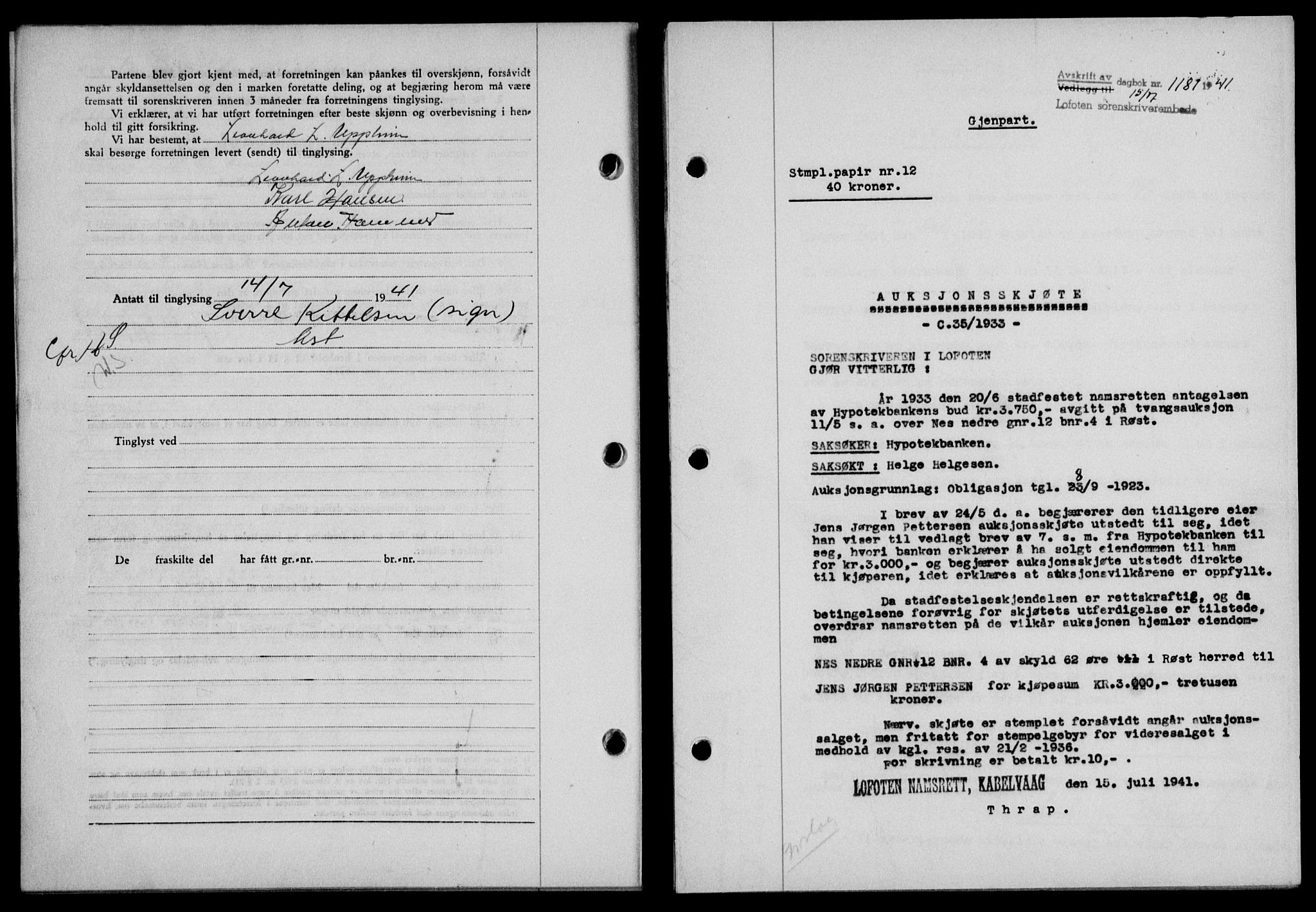 Lofoten sorenskriveri, SAT/A-0017/1/2/2C/L0008a: Mortgage book no. 8a, 1940-1941, Diary no: : 1181/1941