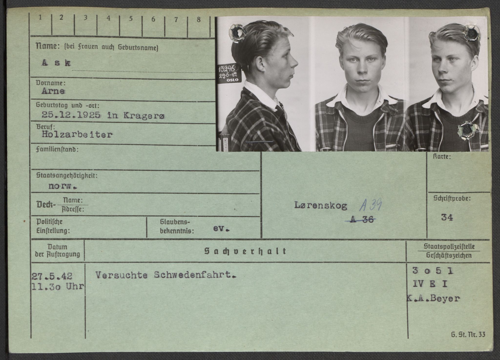 Befehlshaber der Sicherheitspolizei und des SD, AV/RA-RAFA-5969/E/Ea/Eaa/L0001: Register over norske fanger i Møllergata 19: A-Bj, 1940-1945, p. 640