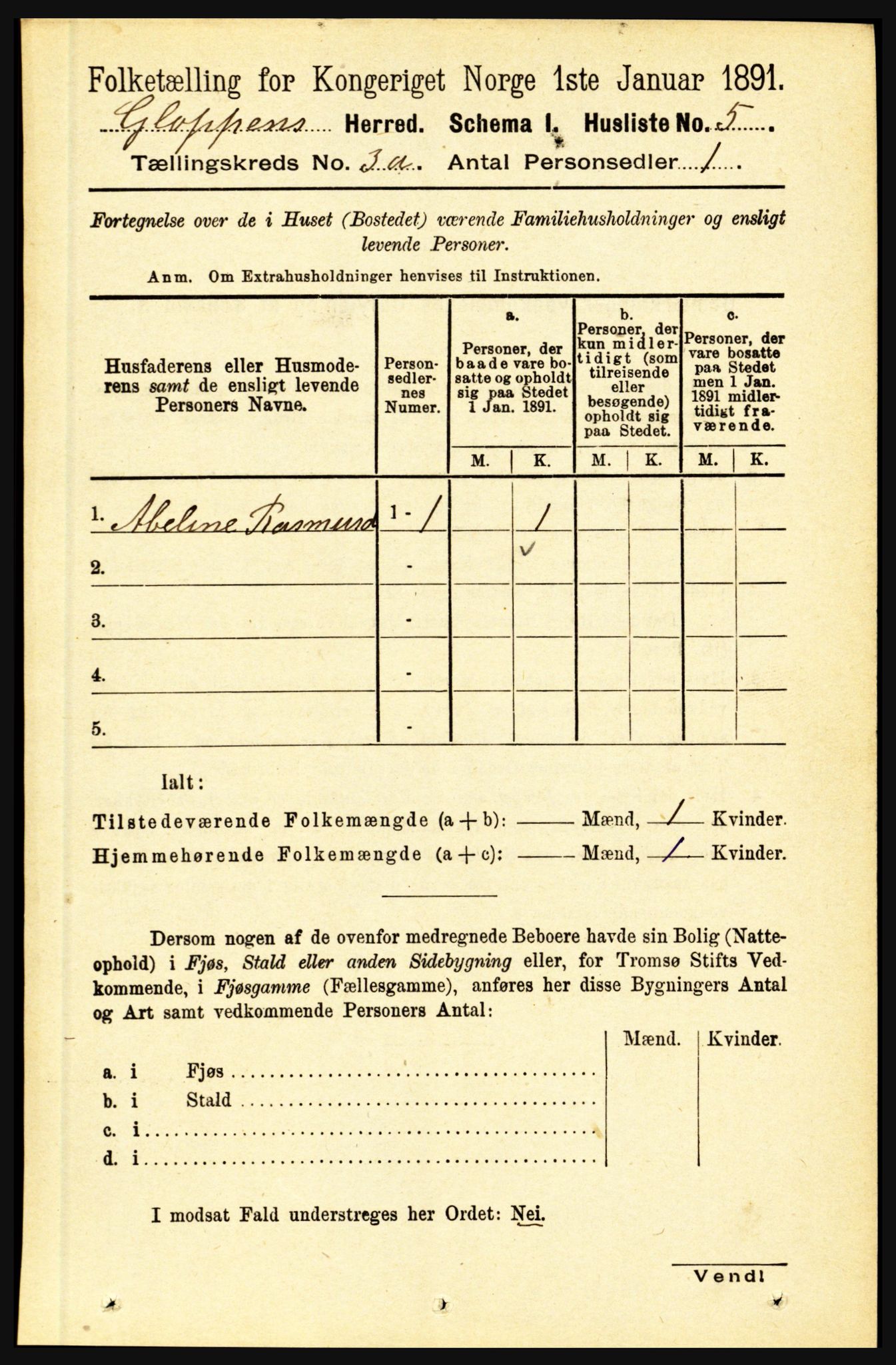 RA, 1891 census for 1445 Gloppen, 1891, p. 1142