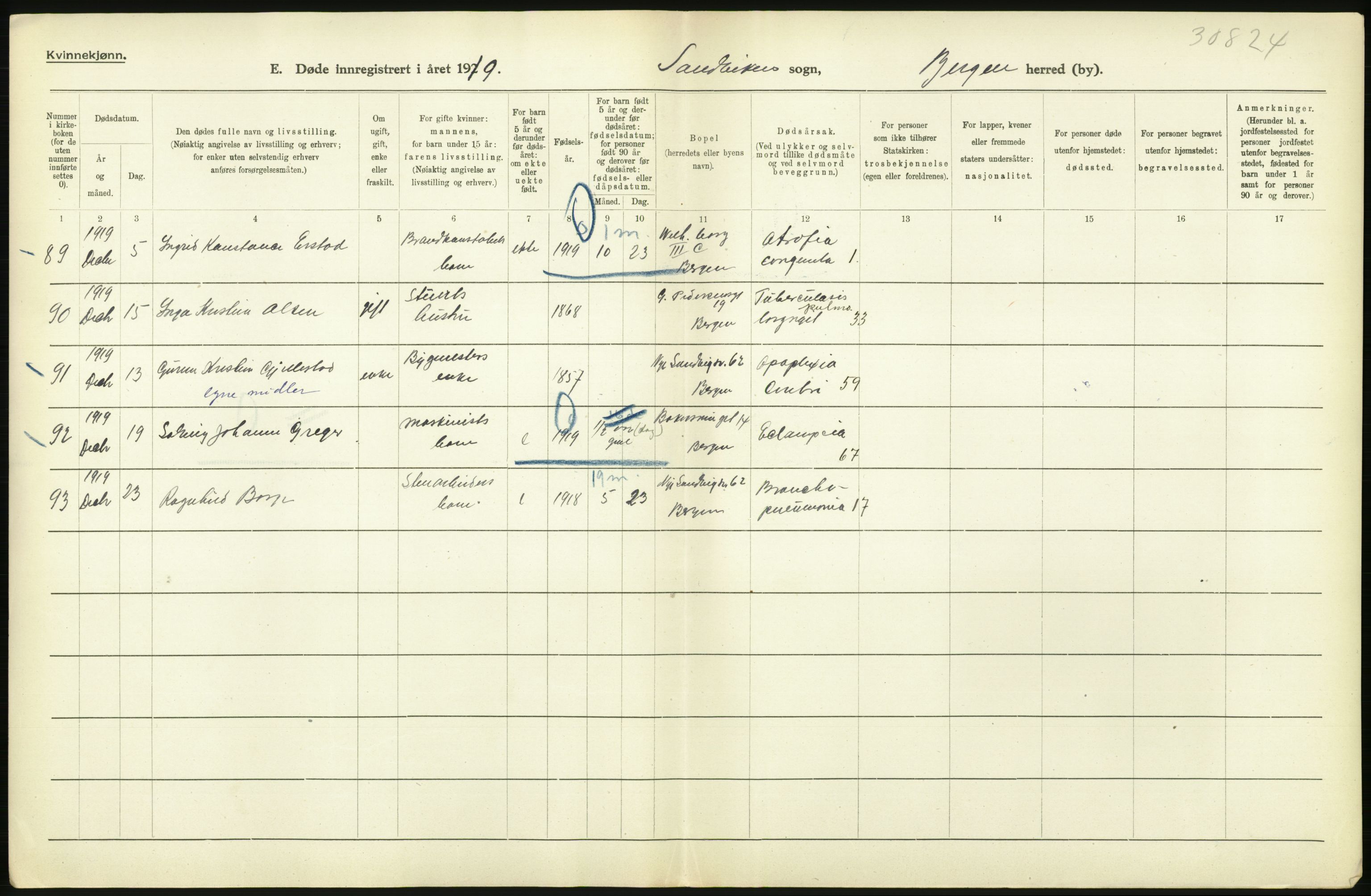 Statistisk sentralbyrå, Sosiodemografiske emner, Befolkning, RA/S-2228/D/Df/Dfb/Dfbi/L0035: Bergen: Gifte, døde, dødfødte., 1919, p. 502