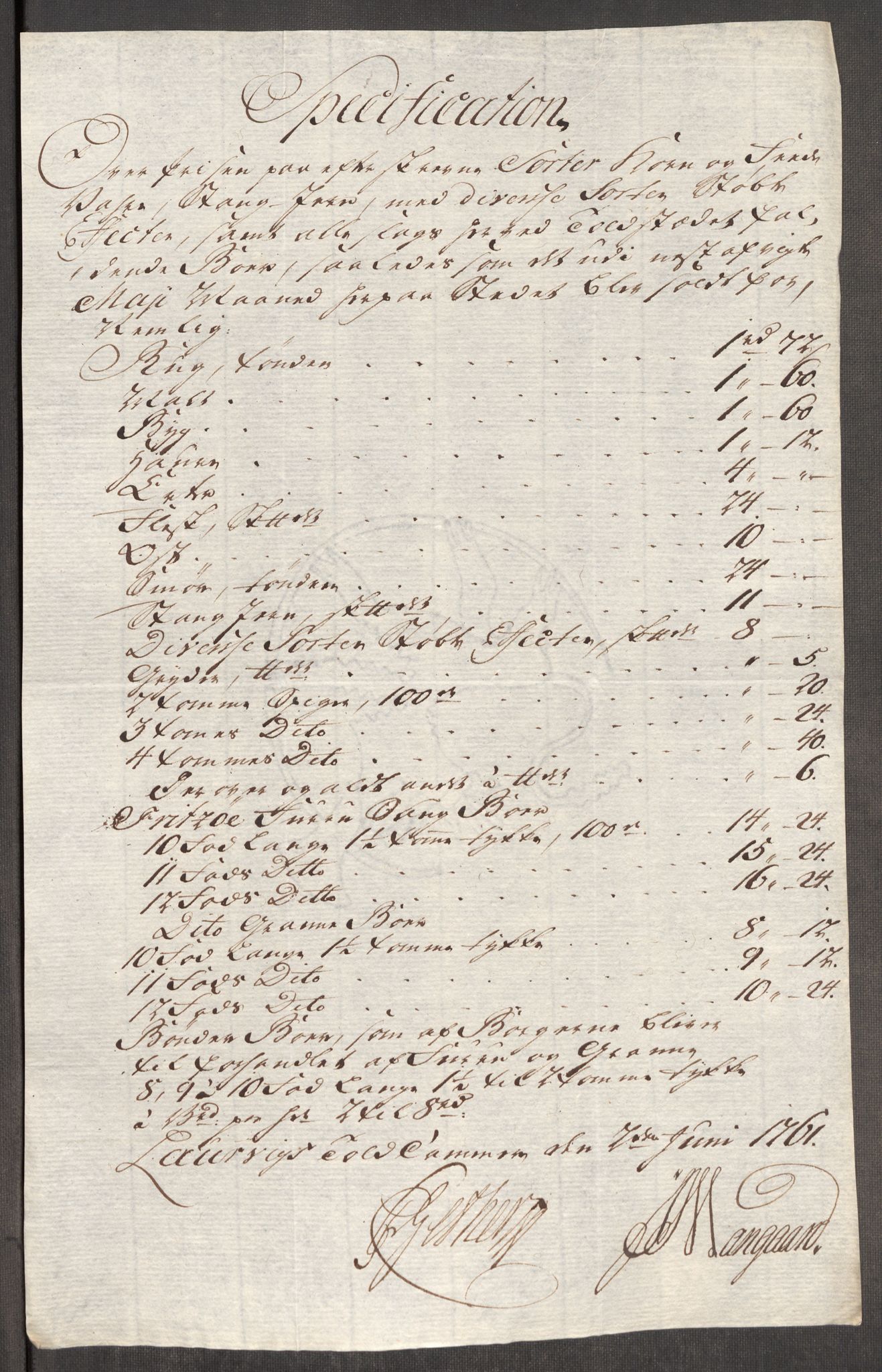 Rentekammeret inntil 1814, Realistisk ordnet avdeling, RA/EA-4070/Oe/L0007: [Ø1]: Priskuranter, 1761-1763, p. 171