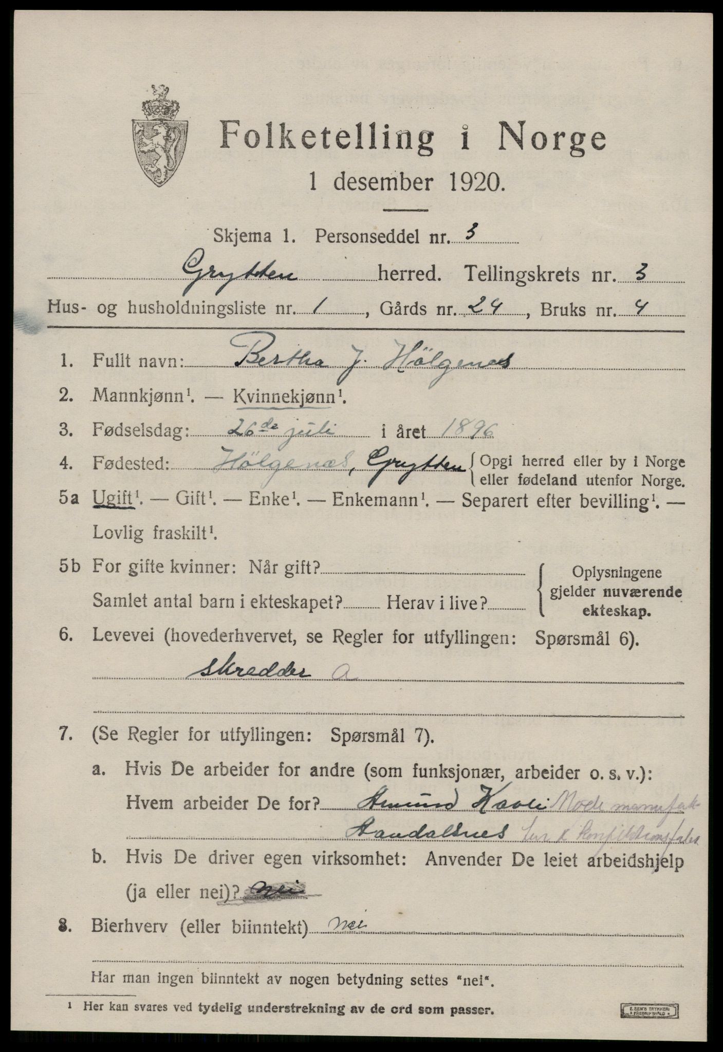 SAT, 1920 census for Grytten, 1920, p. 2228