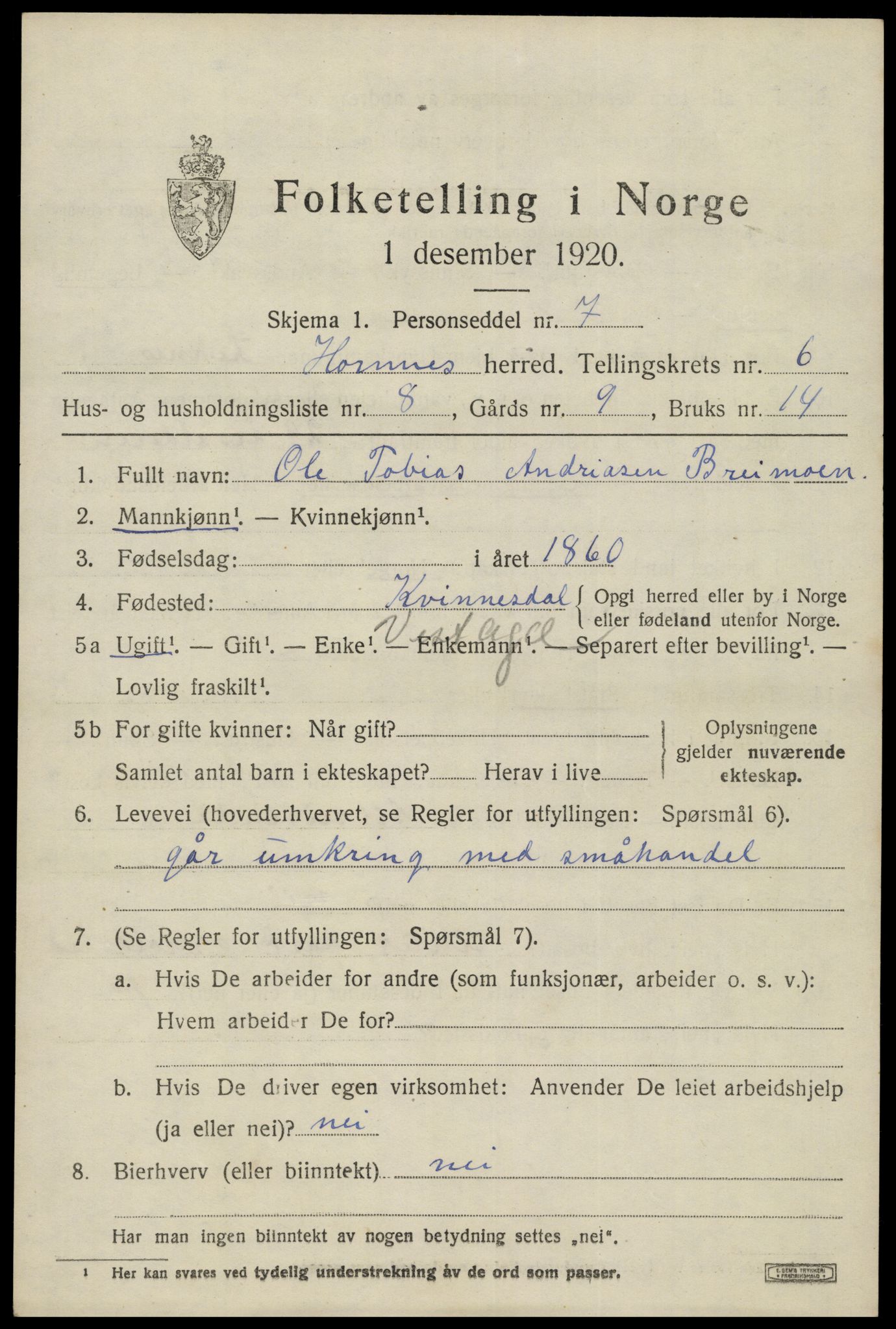 SAK, 1920 census for Hornnes, 1920, p. 1645